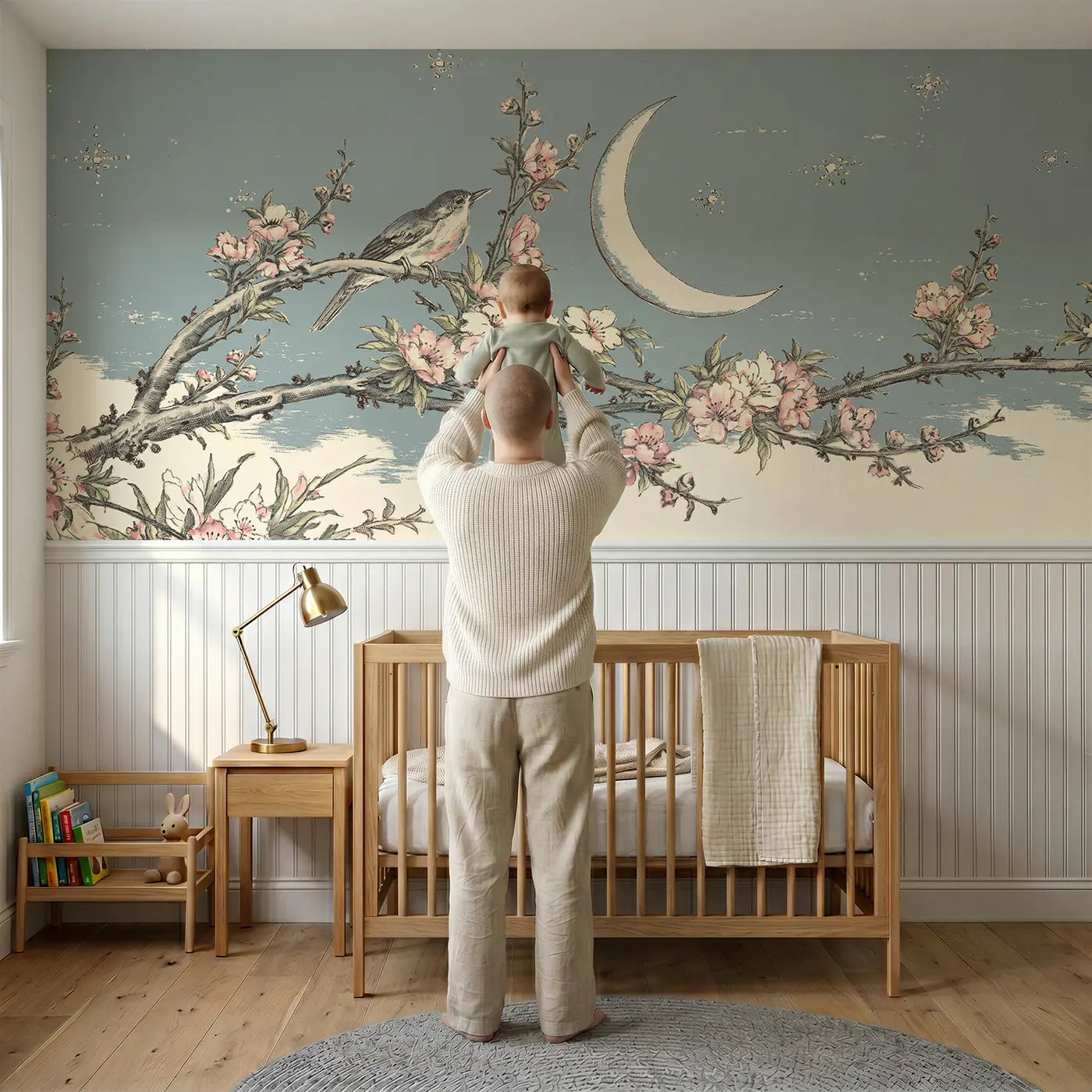 Child reading near Crescent Moon Plum Branch Wainscoting Wallpaper by Whimsy Tots