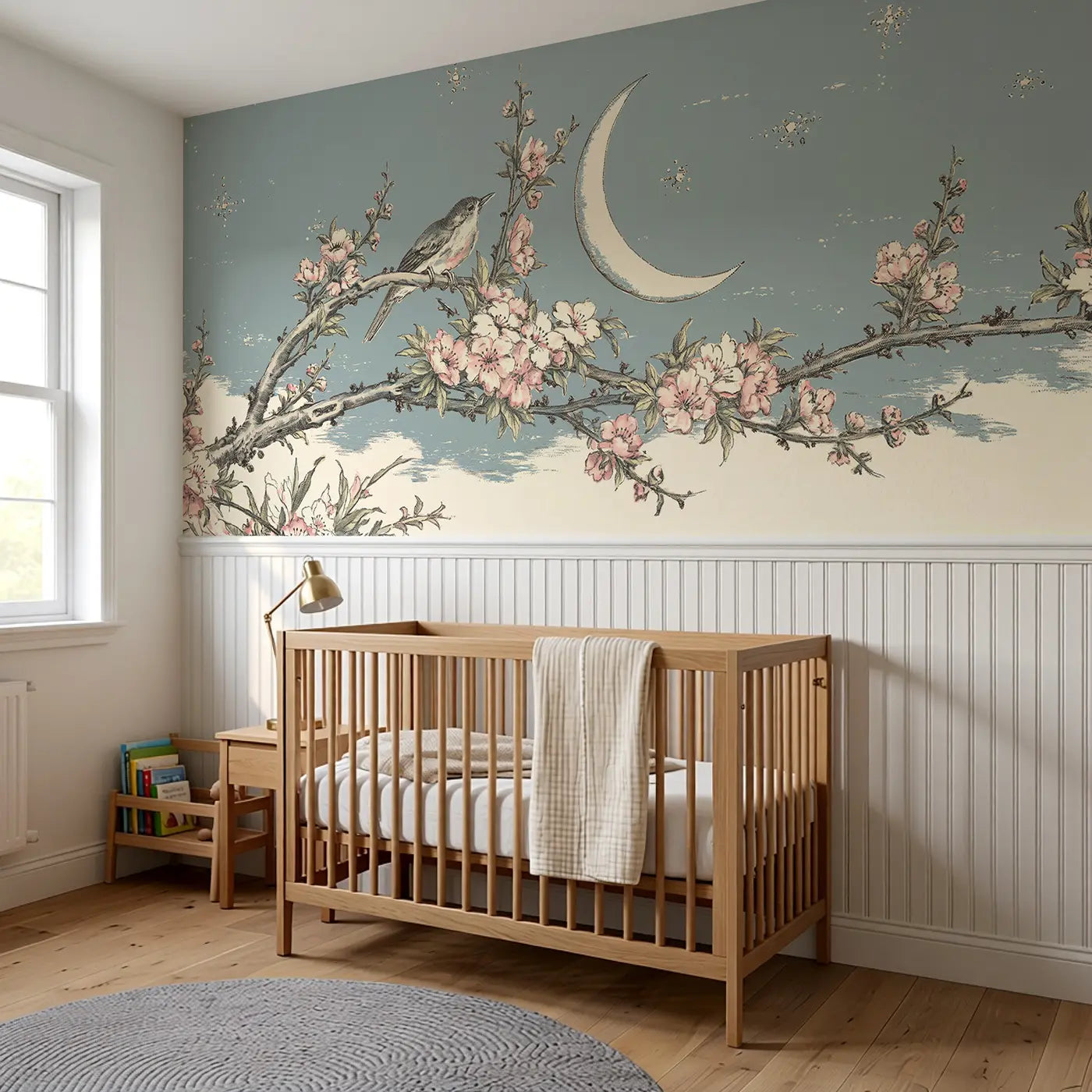 Crescent Moon Plum Branch Wainscoting Wallpaper styled in a kids bedroom by Whimsy Tots