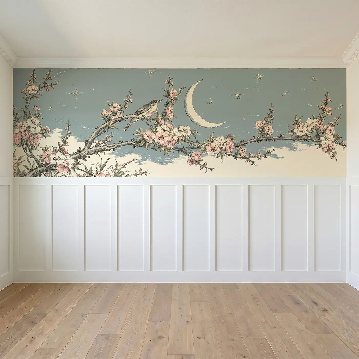 Full panel view of Crescent Moon Plum Branch Wainscoting Wallpaper by Whimsy Tots