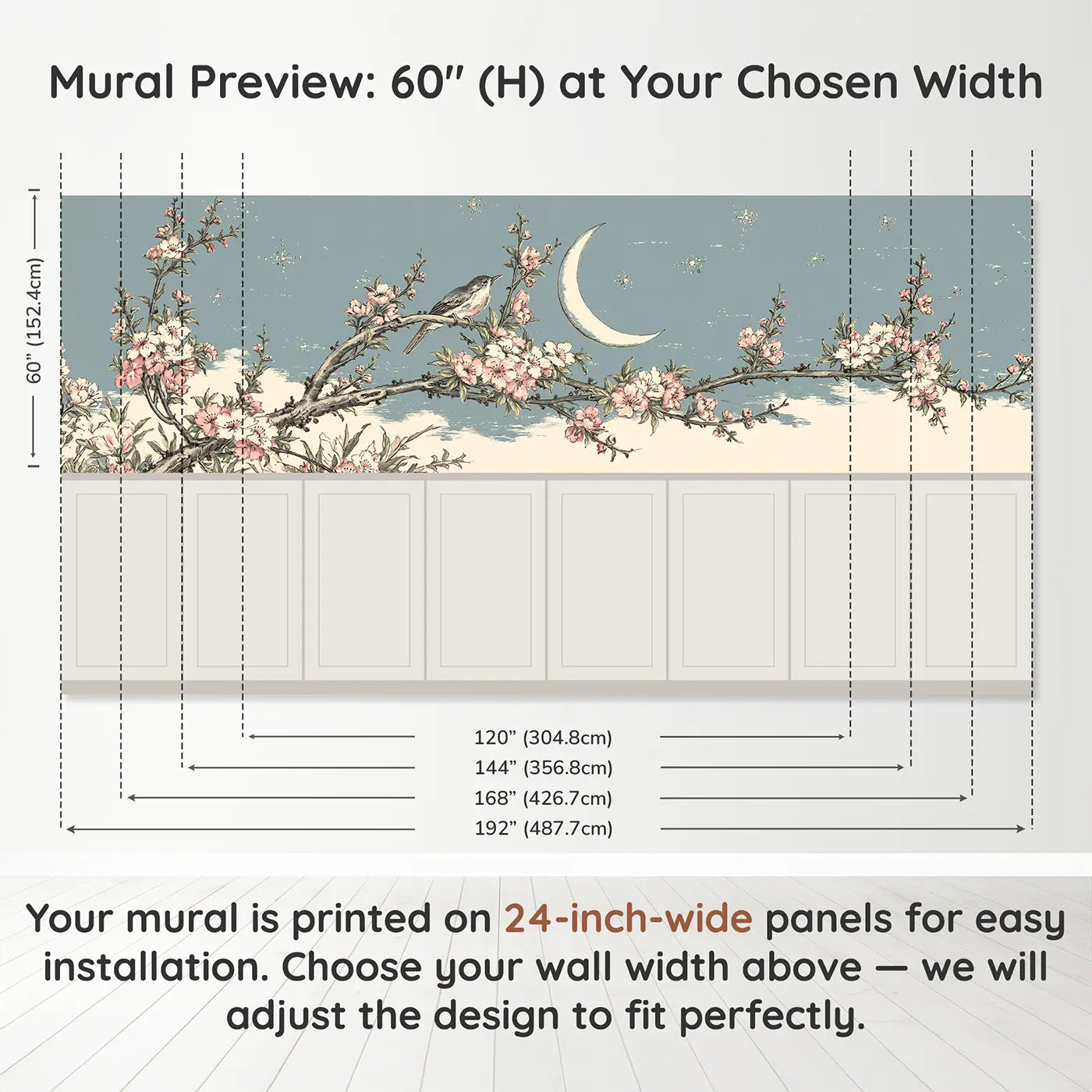 Panel dimensions for Crescent Moon Plum Branch Wainscoting Wallpaper by Whimsy Tots