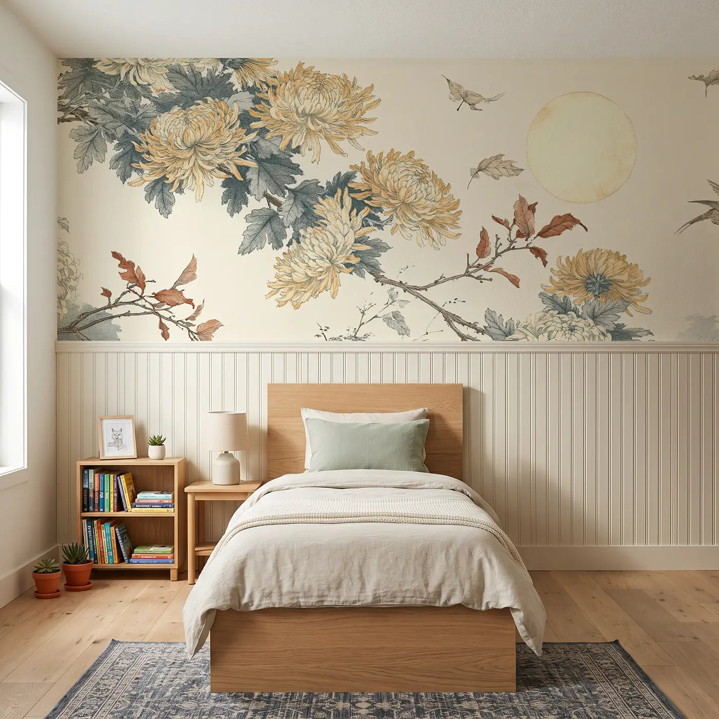 Botanical Elegance autumn chrysanthemum moon wainscoting wallpaper for bedroom by Whimsy Tots