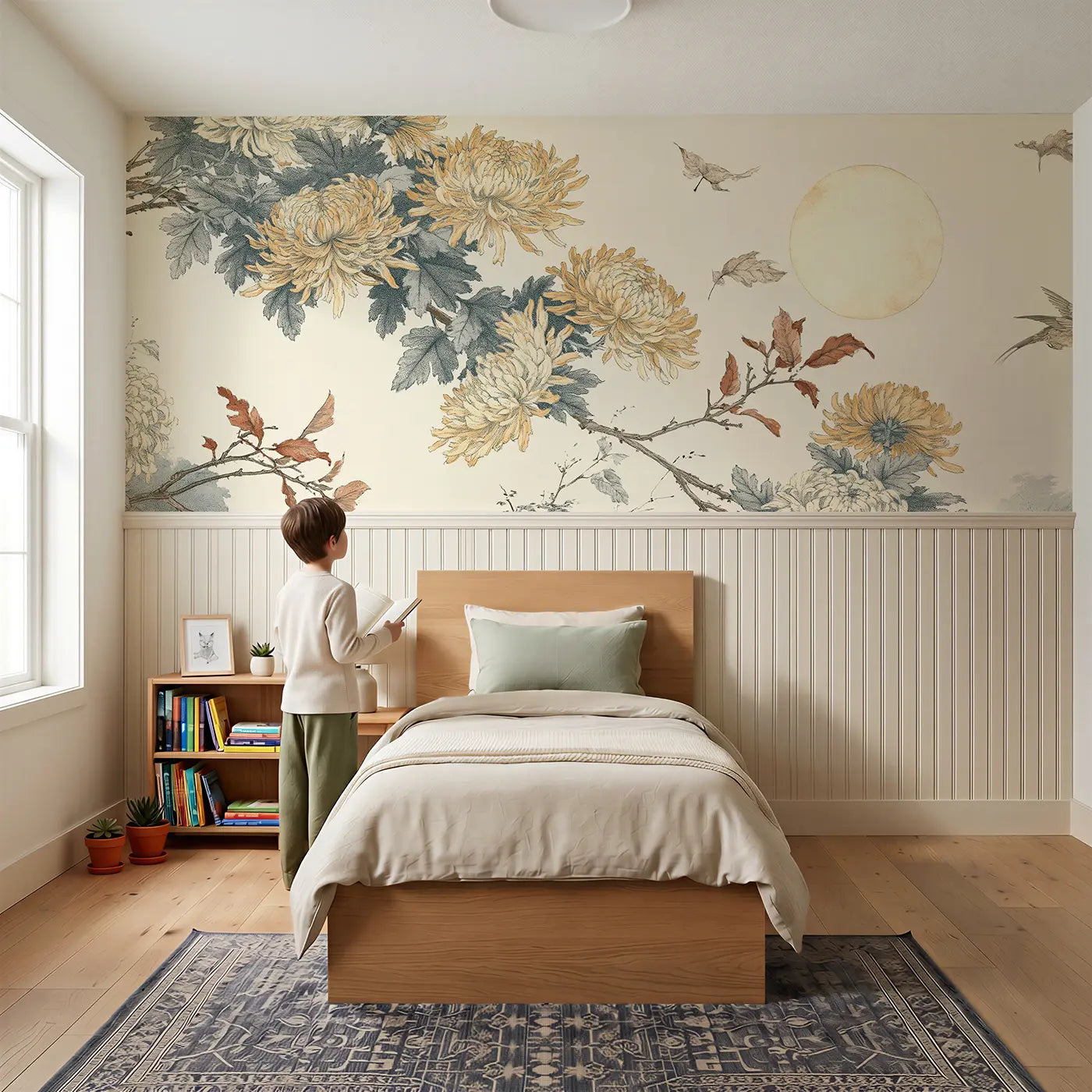 Child reading near Autumn Chrysanthemum Moon Wainscoting Wallpaper by Whimsy Tots