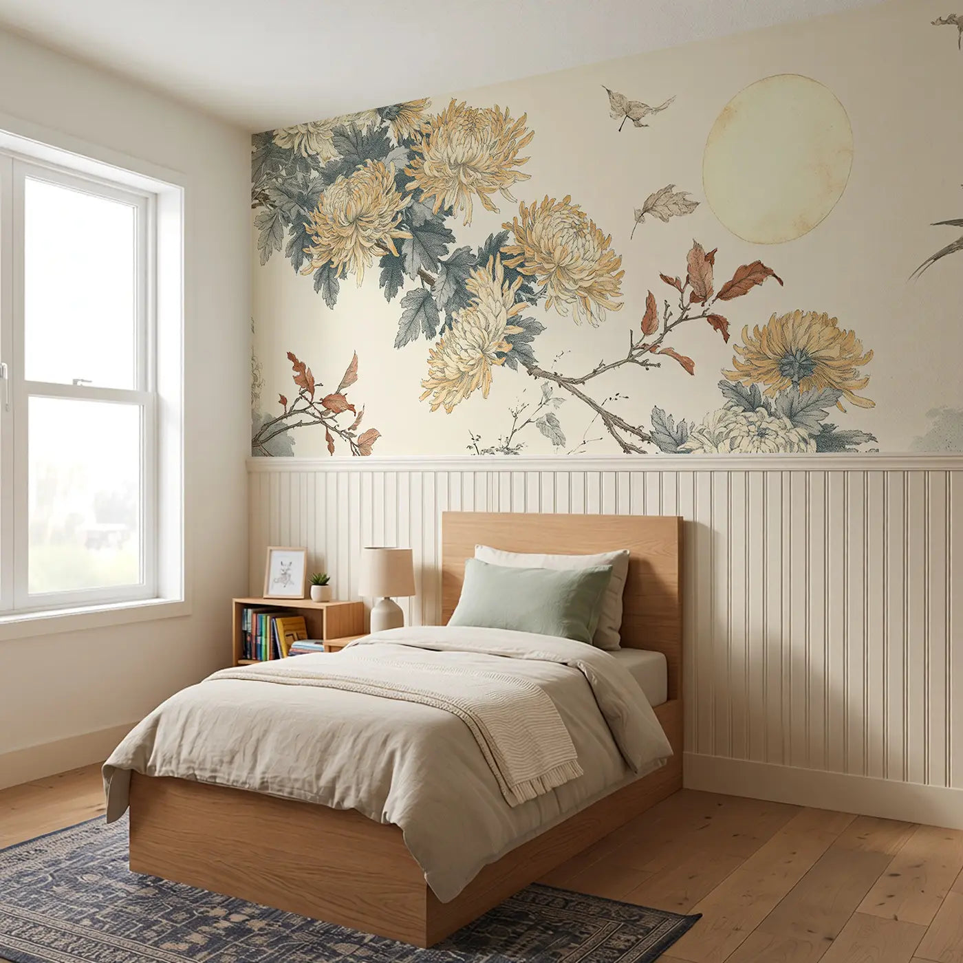 Autumn Chrysanthemum Moon Wainscoting Wallpaper styled in a kids bedroom by Whimsy Tots