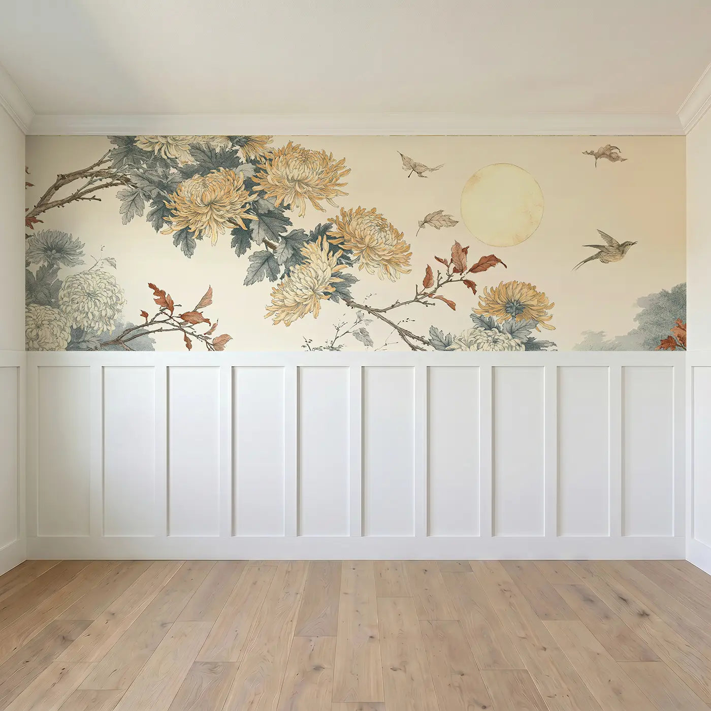 Full panel view of Autumn Chrysanthemum Moon Wainscoting Wallpaper by Whimsy Tots