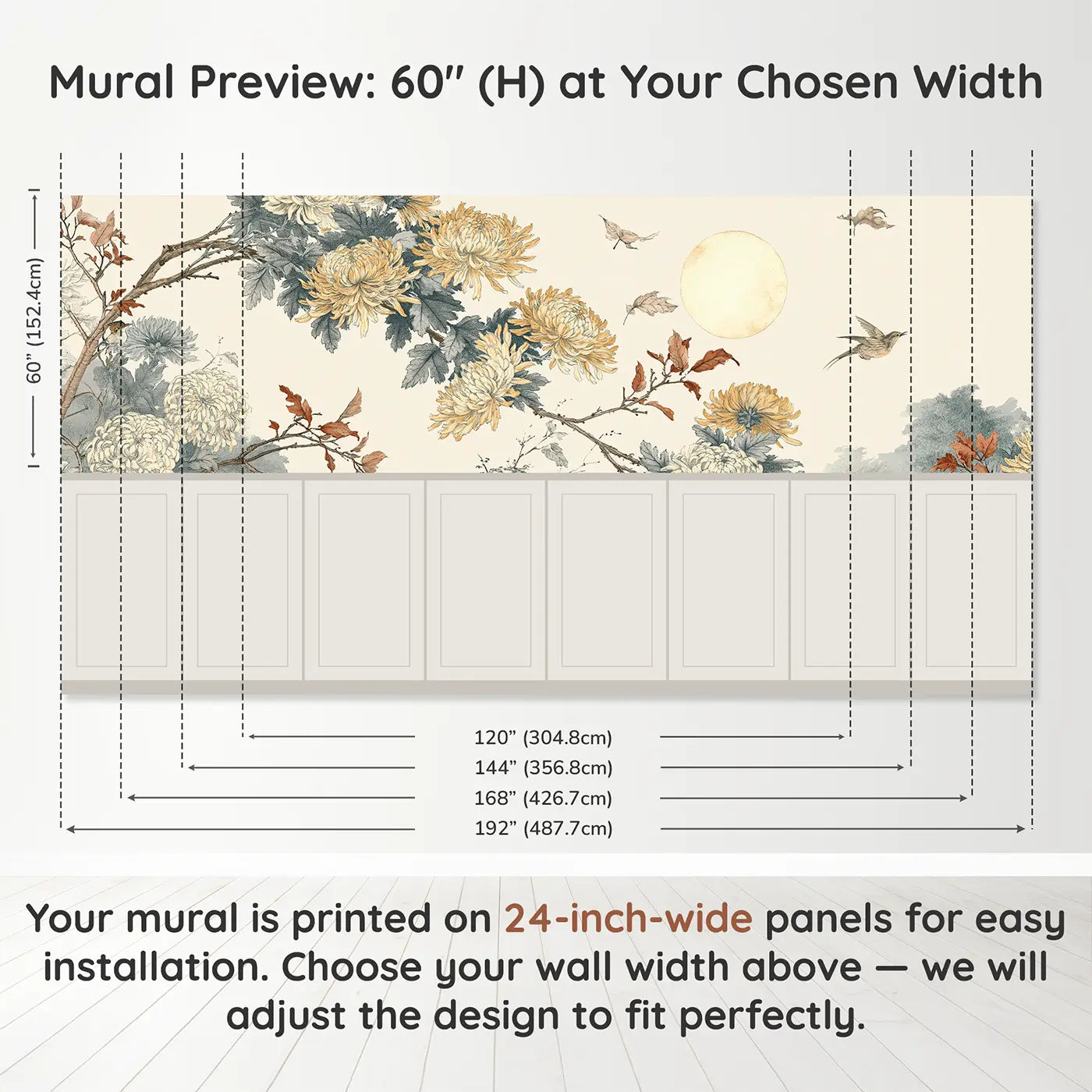 Panel dimensions for Autumn Chrysanthemum Moon Wainscoting Wallpaper by Whimsy Tots