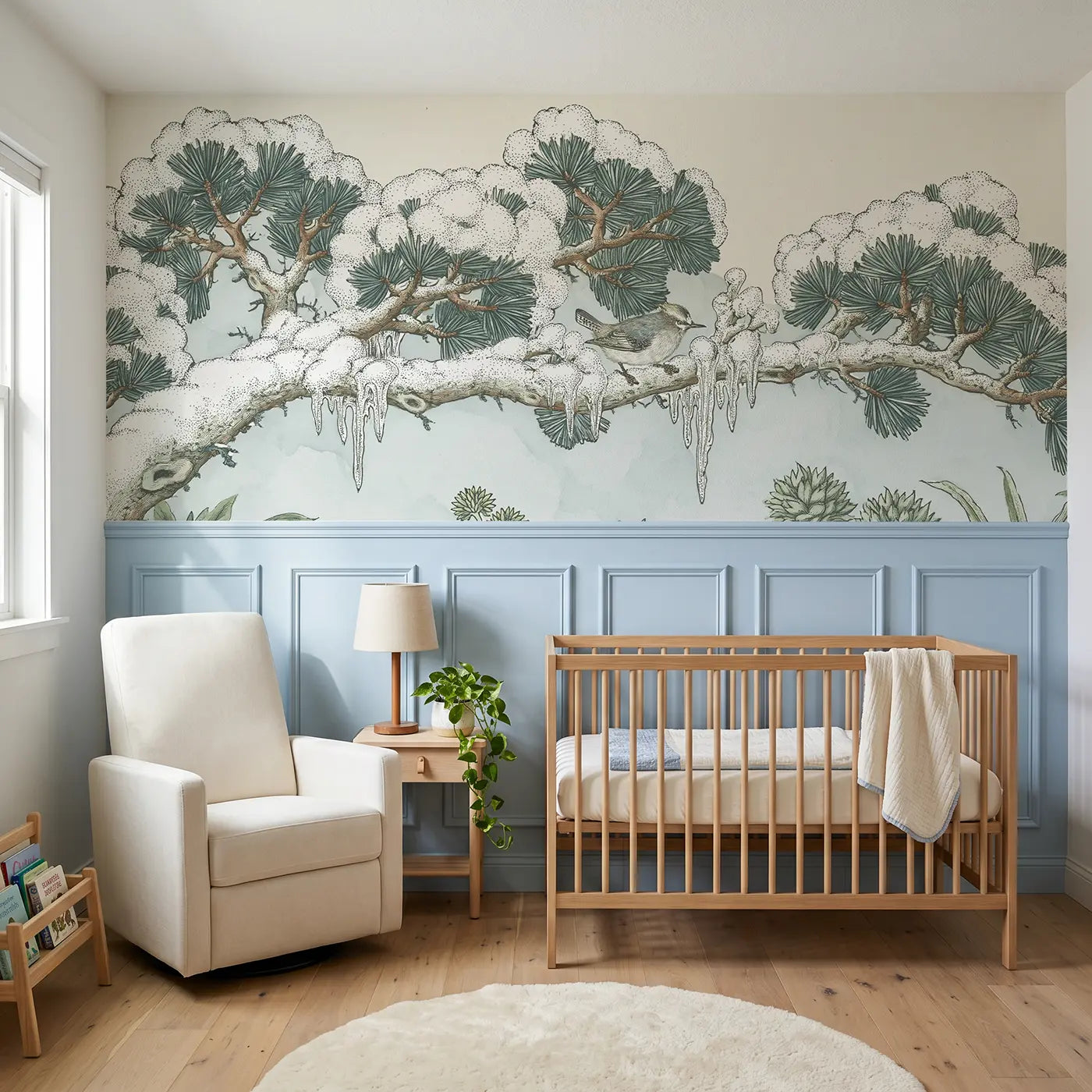 Botanical Elegance winter pine snow toile wainscoting wallpaper for nursery by Whimsy Tots