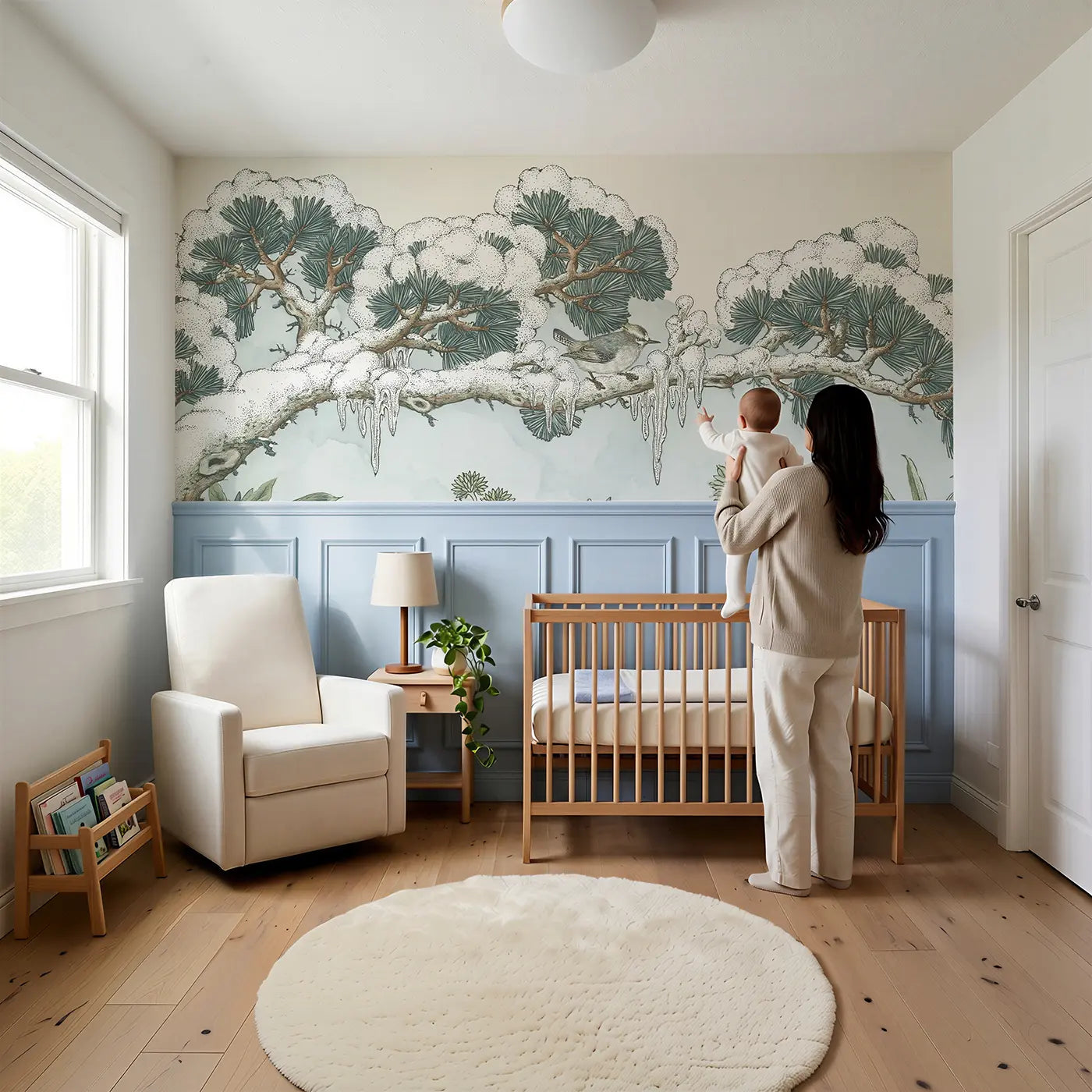 Child reading near Winter Pine Snow Toile Wainscoting Wallpaper by Whimsy Tots