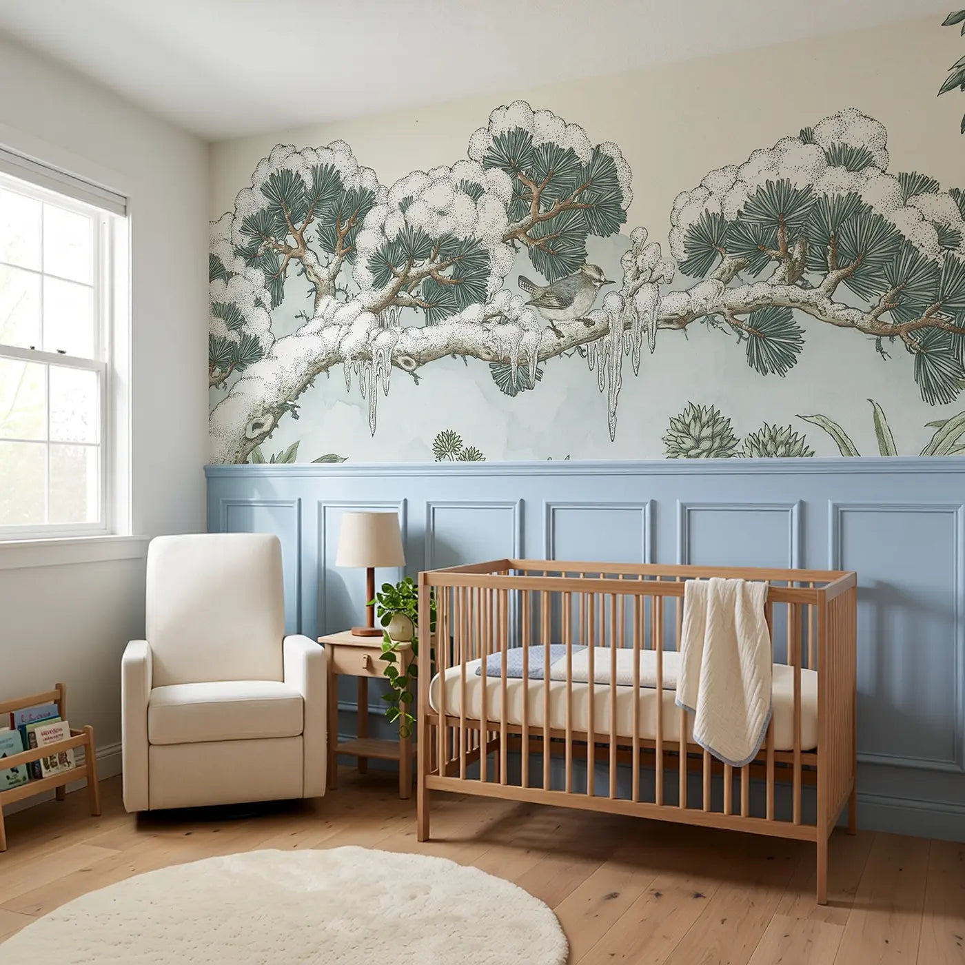 Winter Pine Snow Toile Wainscoting Wallpaper styled in a kids bedroom by Whimsy Tots