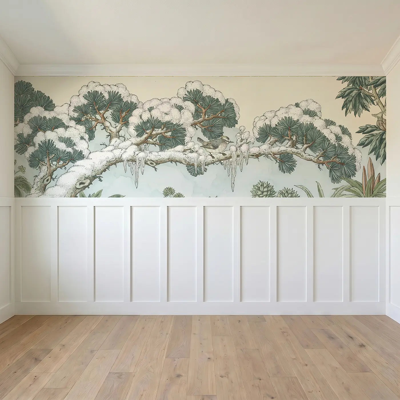 Full panel view of Winter Pine Snow Toile Wainscoting Wallpaper by Whimsy Tots