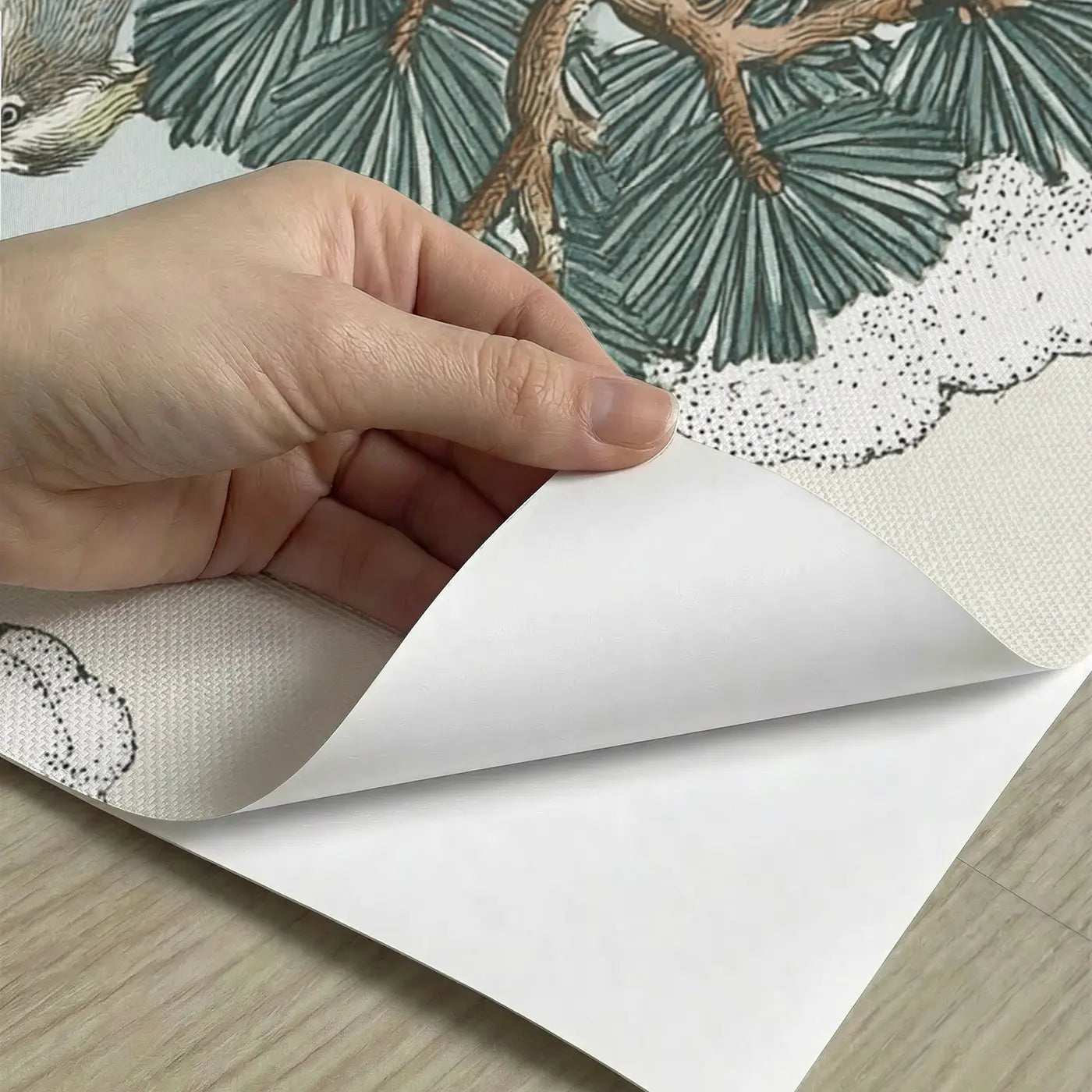 Peel-and-stick detail of Winter Pine Snow Toile Wainscoting Wallpaper by Whimsy Tots