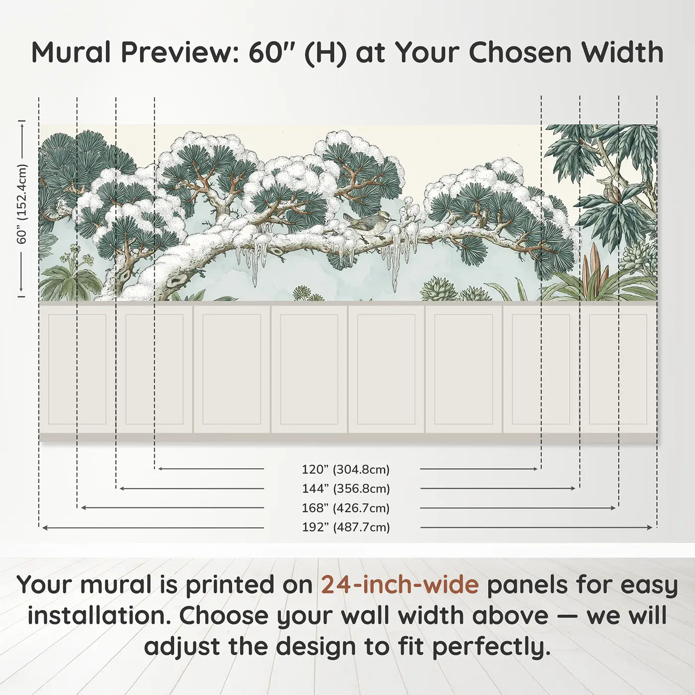 Panel dimensions for Winter Pine Snow Toile Wainscoting Wallpaper by Whimsy Tots