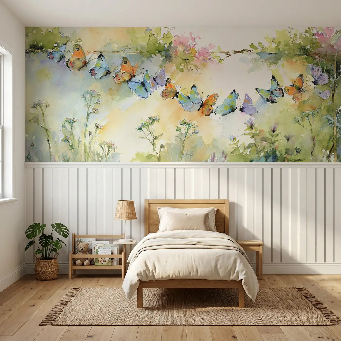 Watercolor butterfly garden sunbeam wainscoting wallpaper for nursery by Whimsy Tots