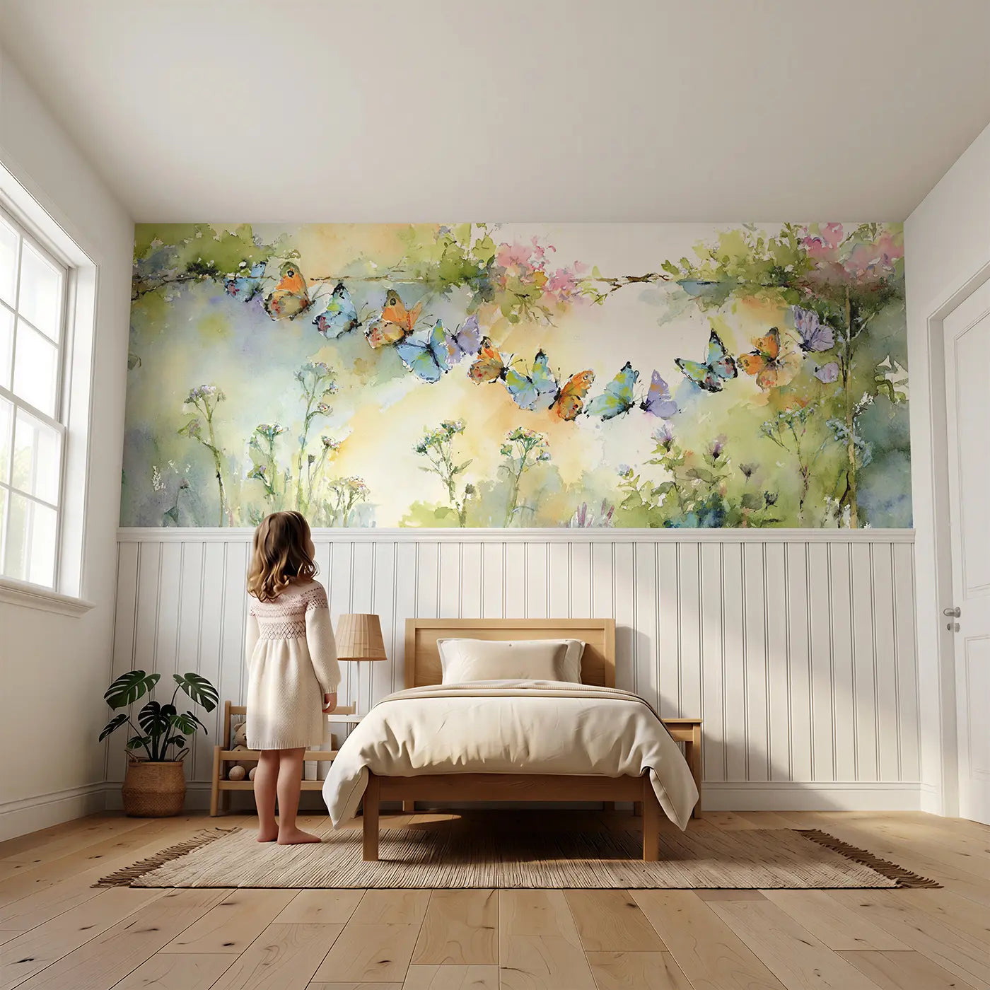 Child reading near Butterfly Garden Sunbeam Wainscoting Wallpaper by Whimsy Tots