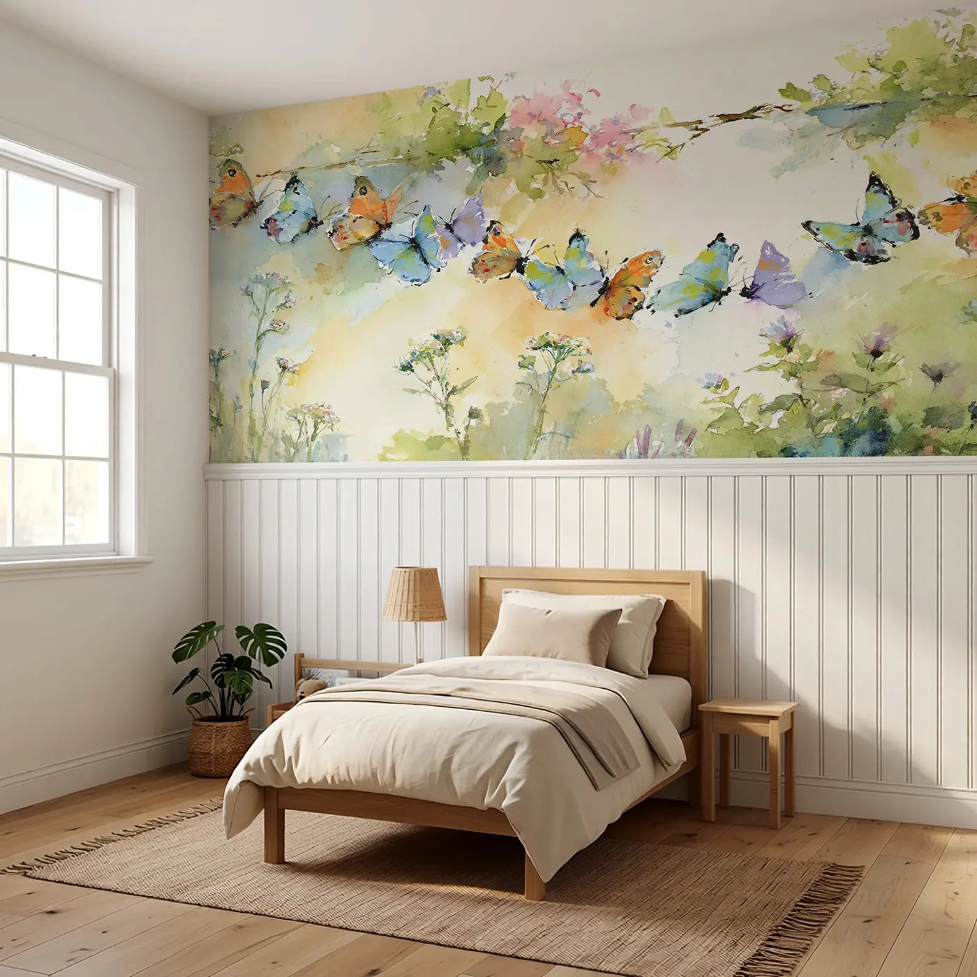 Butterfly Garden Sunbeam Wainscoting Wallpaper styled in a kids bedroom by Whimsy Tots
