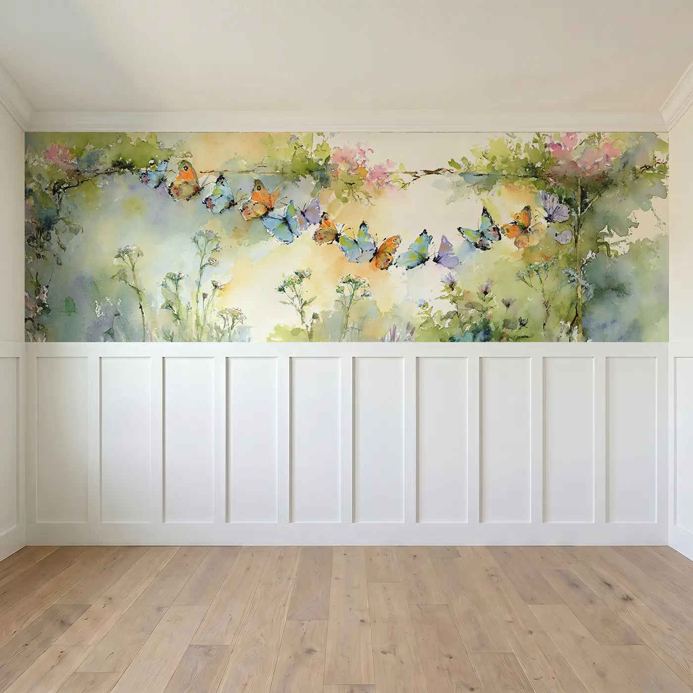 Full panel view of Butterfly Garden Sunbeam Wainscoting Wallpaper by Whimsy Tots