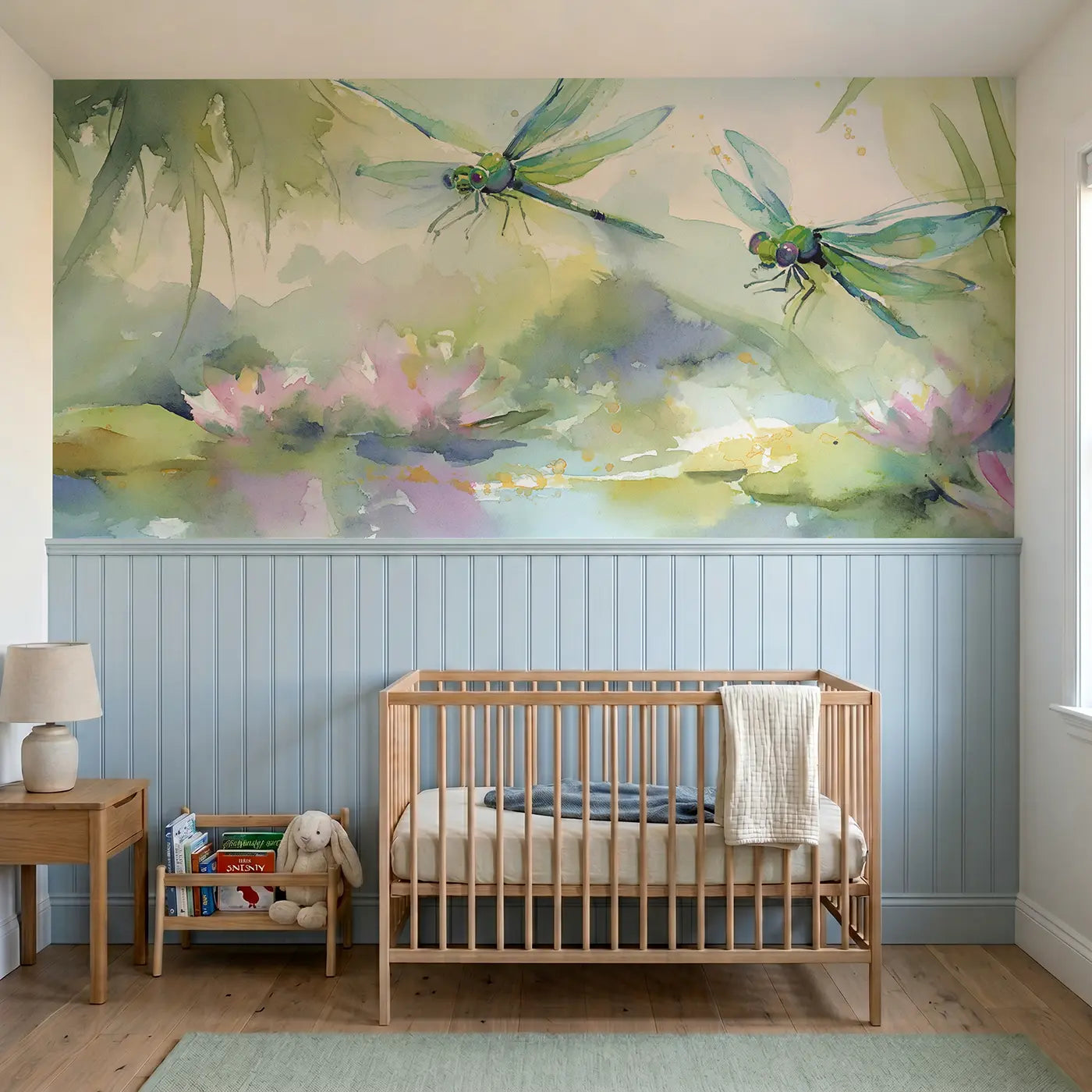Watercolor dragonfly pond shimmer wainscoting wallpaper for nursery by Whimsy Tots