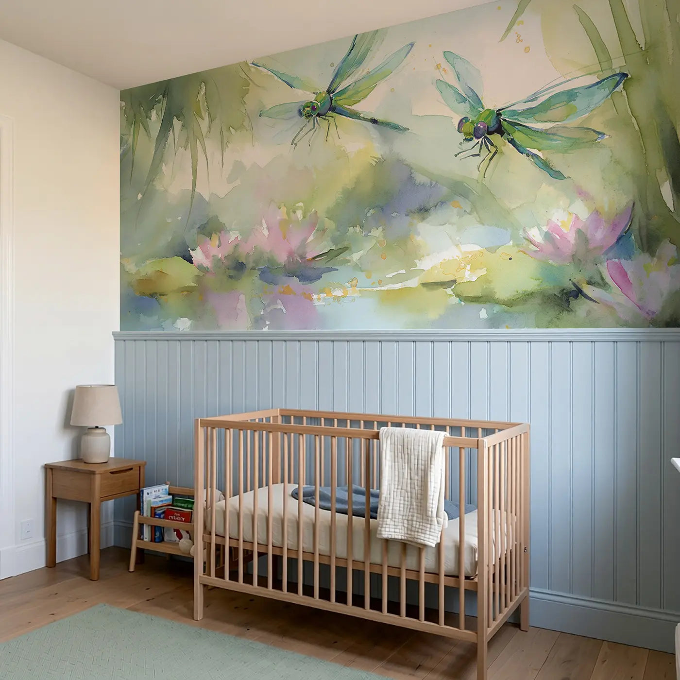 Dragonfly Pond Shimmer Wainscoting Wallpaper styled in a kids bedroom by Whimsy Tots