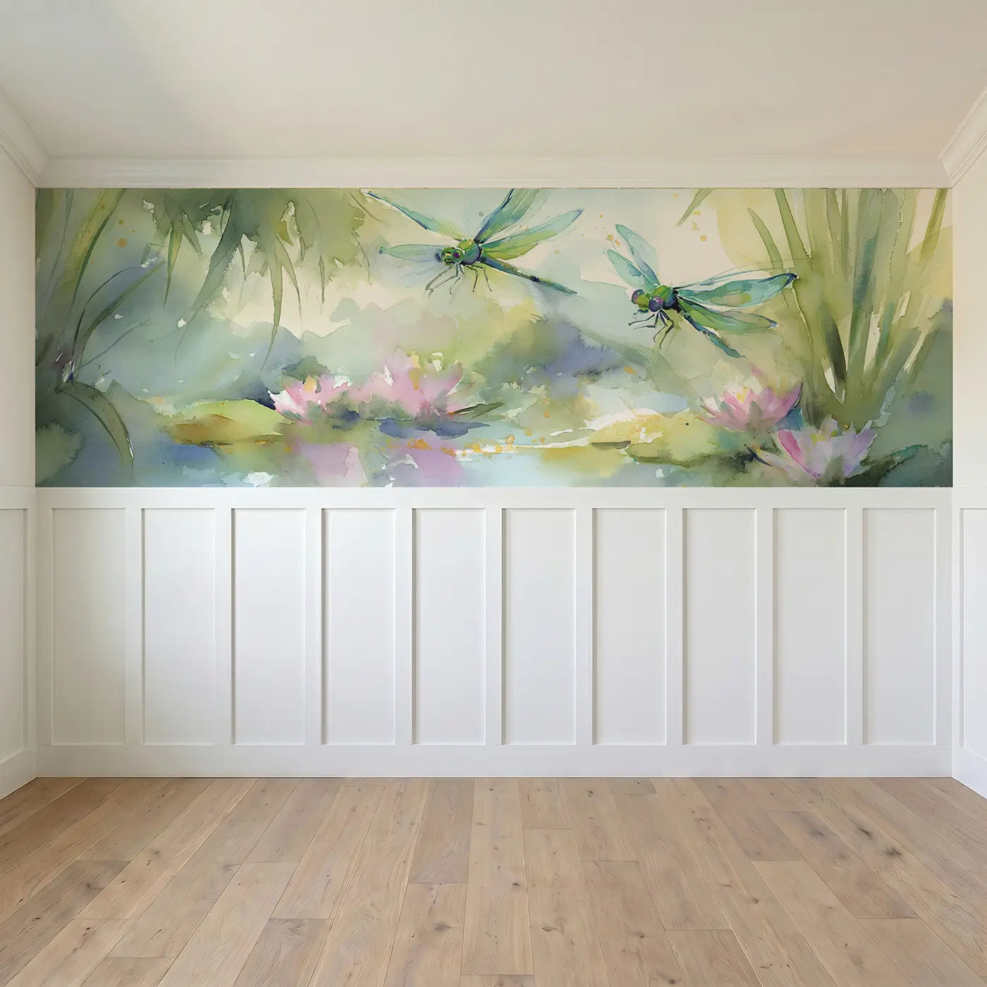 Full panel view of Dragonfly Pond Shimmer Wainscoting Wallpaper by Whimsy Tots