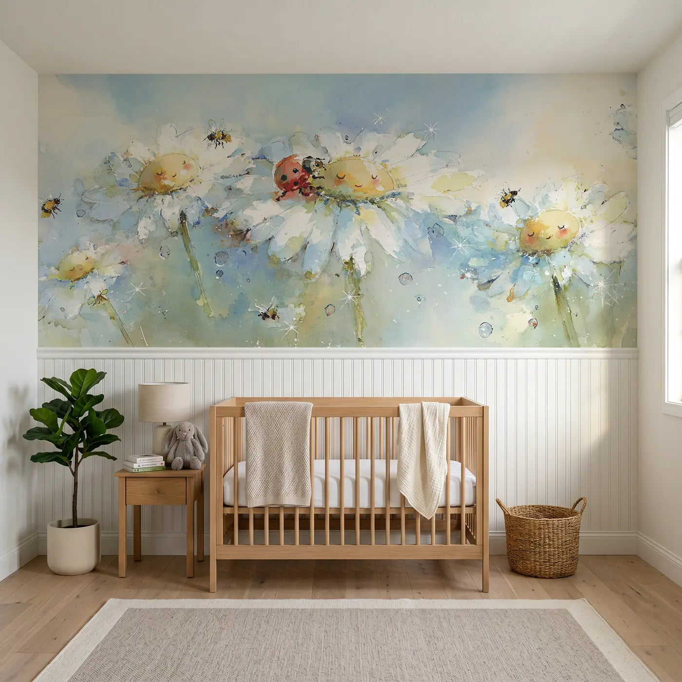 Watercolor ladybug daisy climb wainscoting wallpaper for nursery by Whimsy Tots