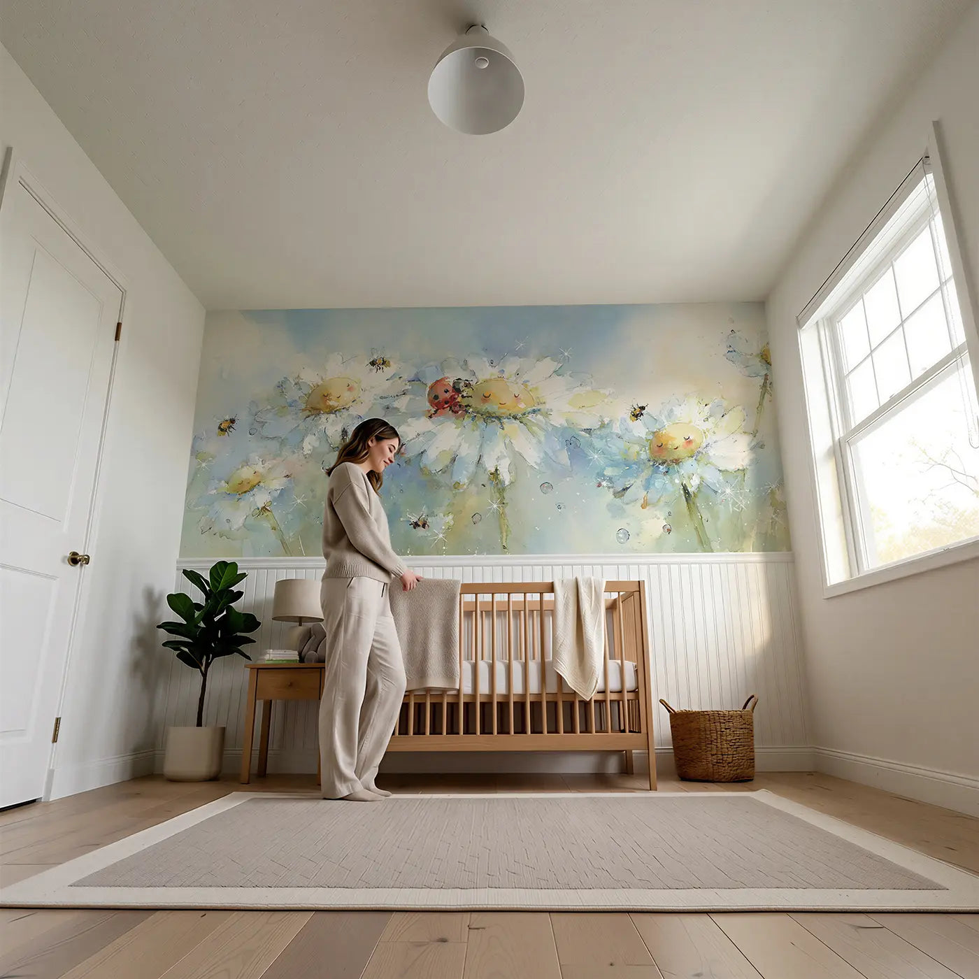 Child reading near Ladybug Daisy Climb Wainscoting Wallpaper by Whimsy Tots