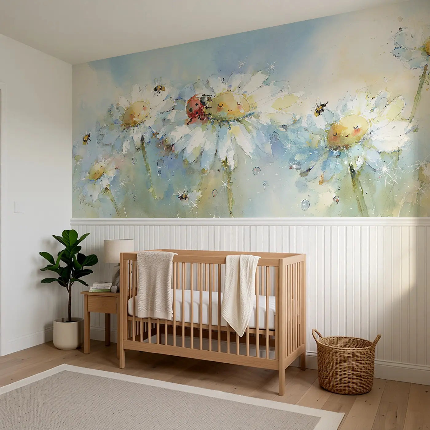 Ladybug Daisy Climb Wainscoting Wallpaper styled in a kids bedroom by Whimsy Tots