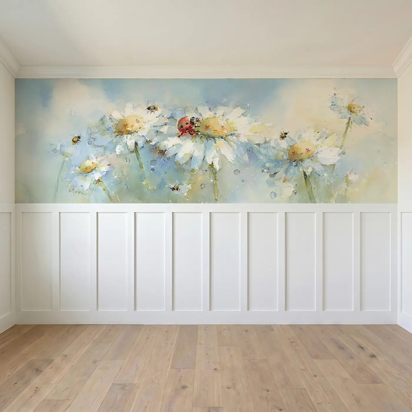 Full panel view of Ladybug Daisy Climb Wainscoting Wallpaper by Whimsy Tots