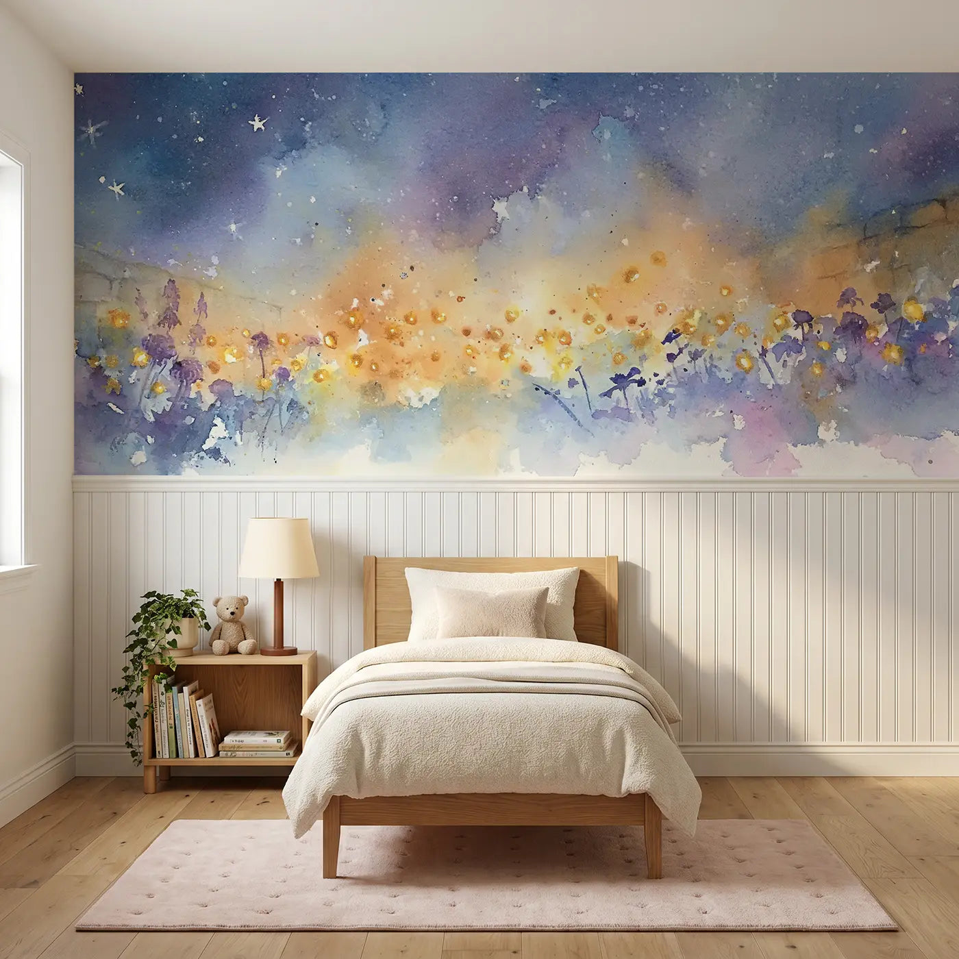 Watercolor firefly evening garden wainscoting wallpaper for bedroom by Whimsy Tots