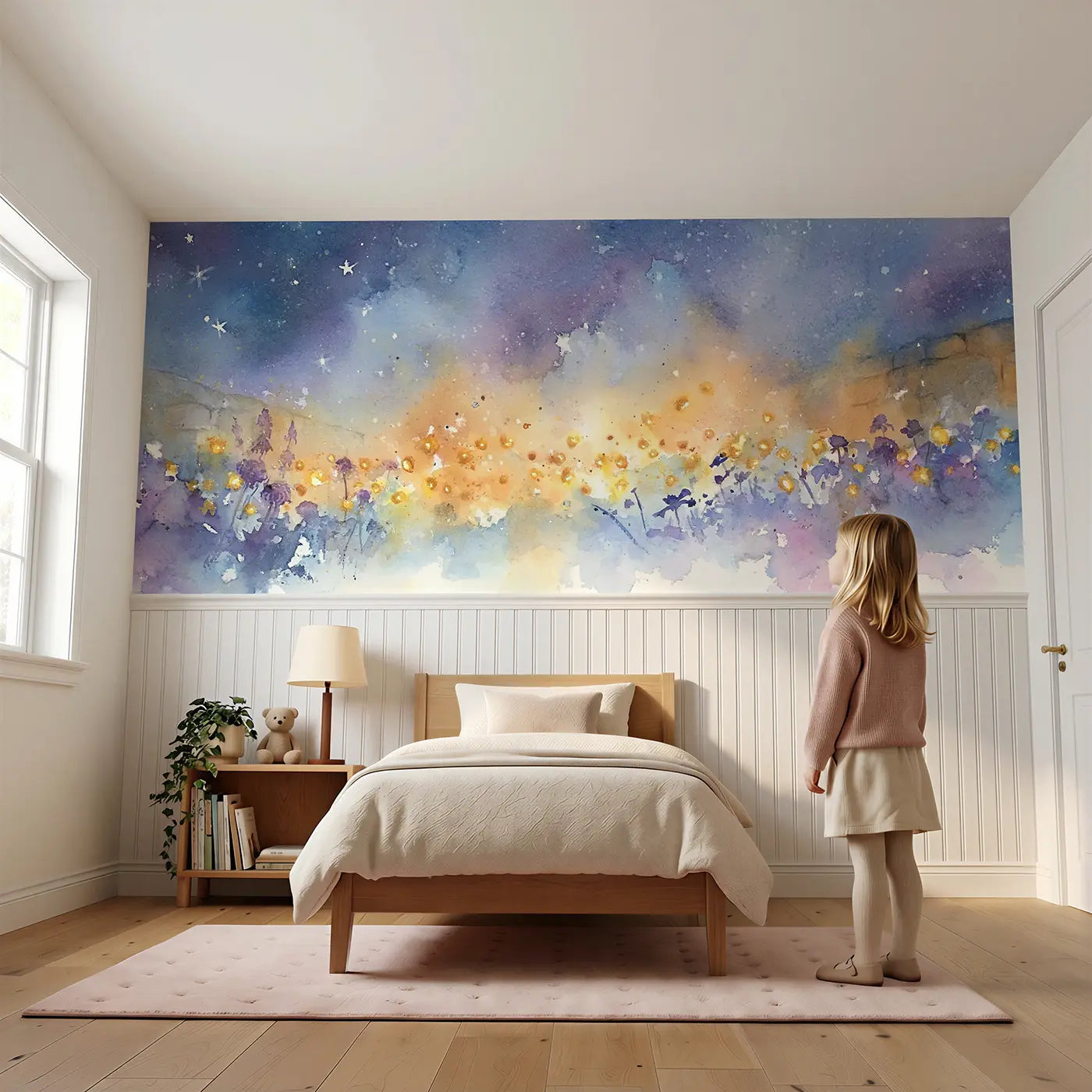 Child reading near Firefly Evening Garden Wainscoting Wallpaper by Whimsy Tots