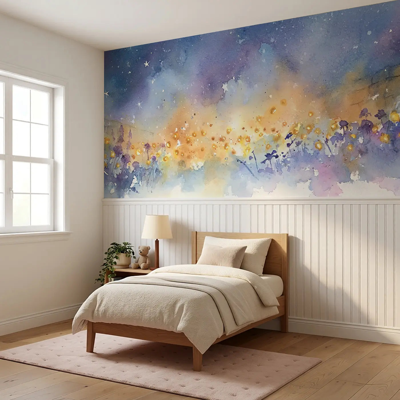 Firefly Evening Garden Wainscoting Wallpaper styled in a kids bedroom by Whimsy Tots