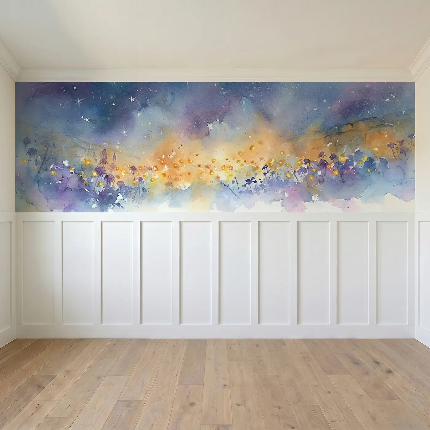 Full panel view of Firefly Evening Garden Wainscoting Wallpaper by Whimsy Tots