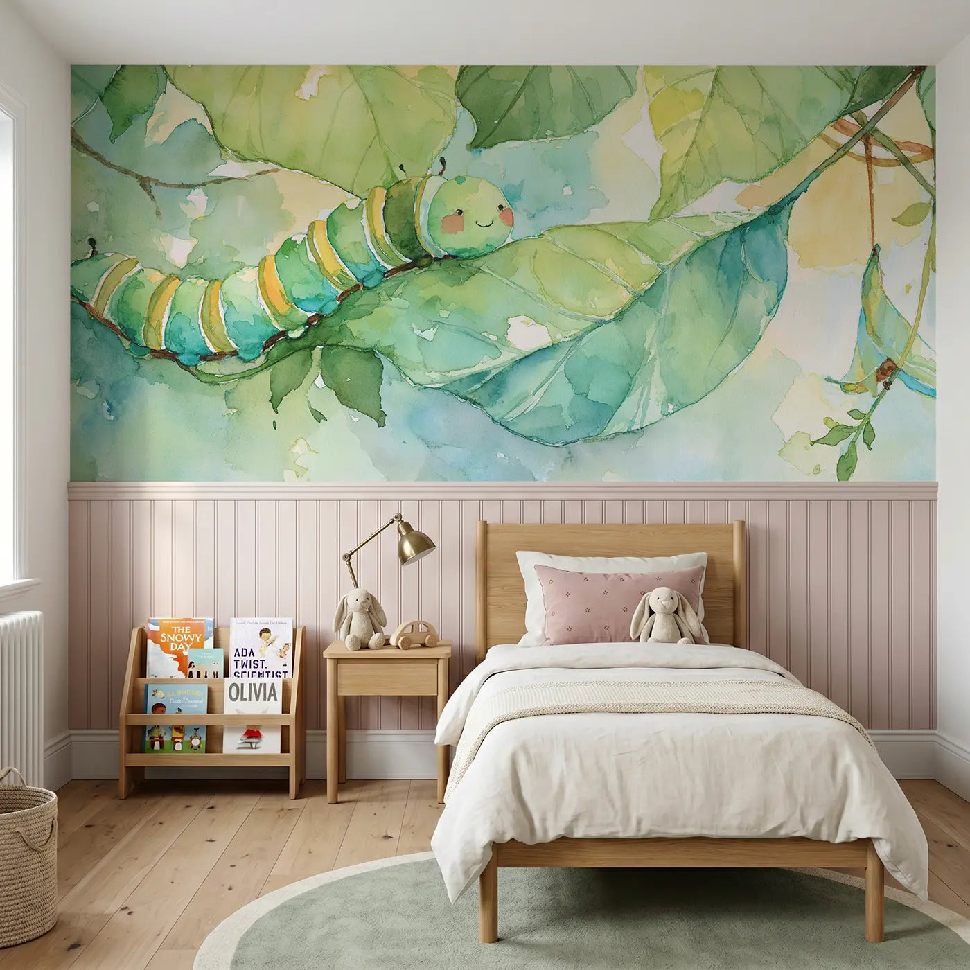 Watercolor caterpillar leaf journey wainscoting wallpaper for nursery by Whimsy Tots