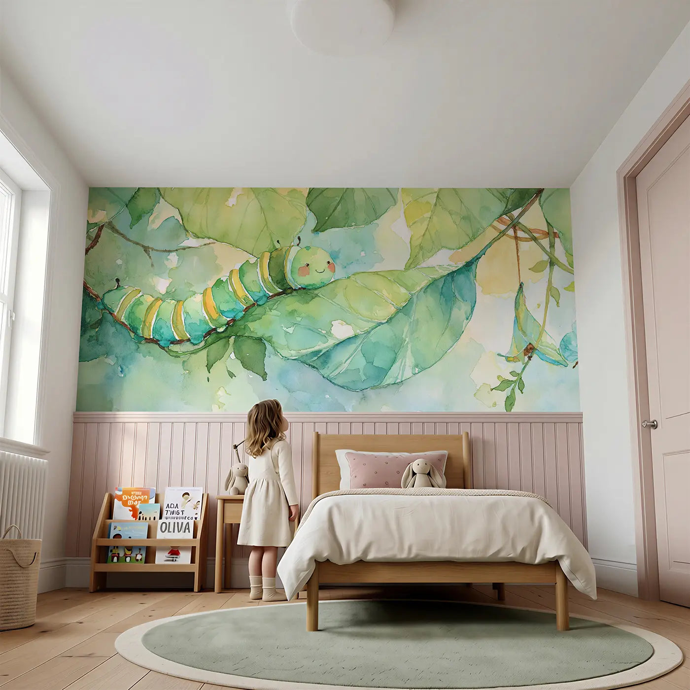 Child reading near Caterpillar Leaf Journey Wainscoting Wallpaper by Whimsy Tots