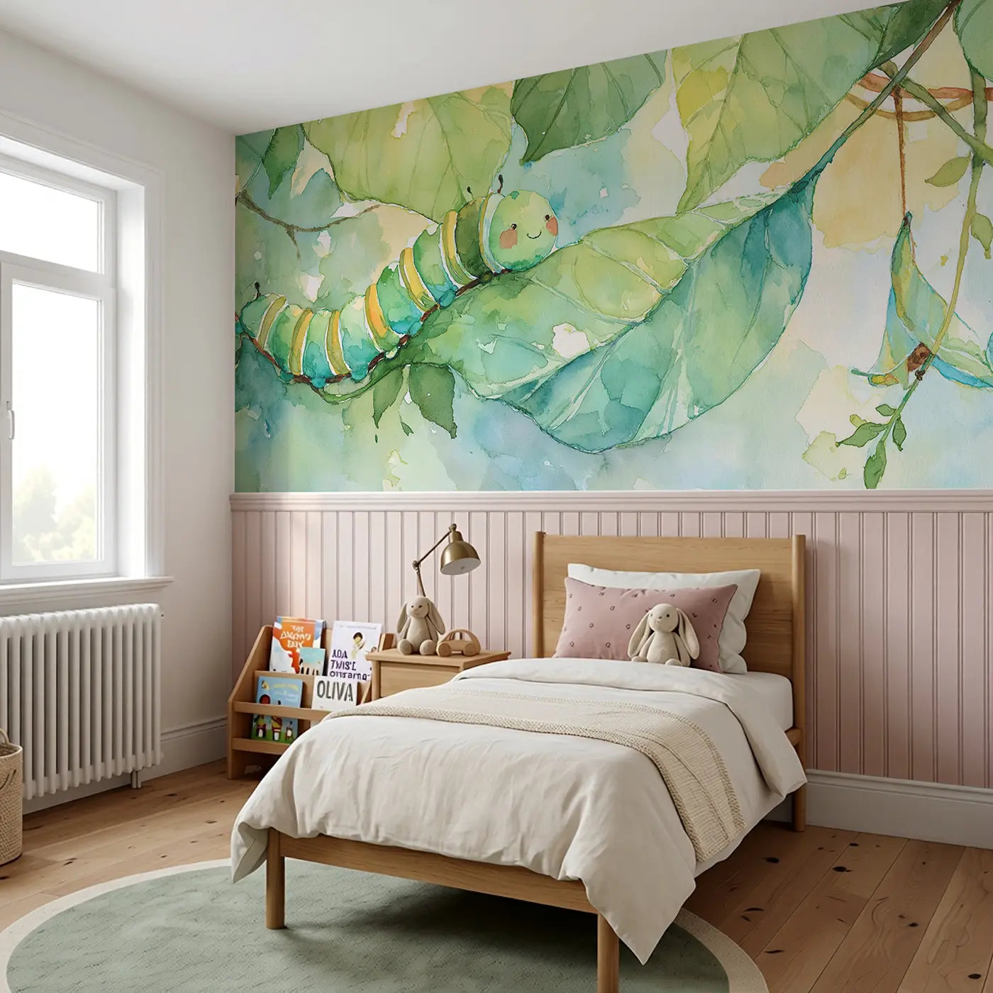 Caterpillar Leaf Journey Wainscoting Wallpaper styled in a kids bedroom by Whimsy Tots