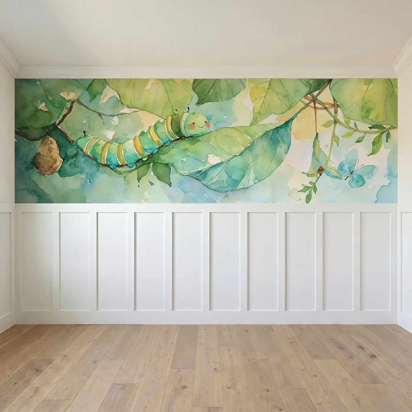 Full panel view of Caterpillar Leaf Journey Wainscoting Wallpaper by Whimsy Tots