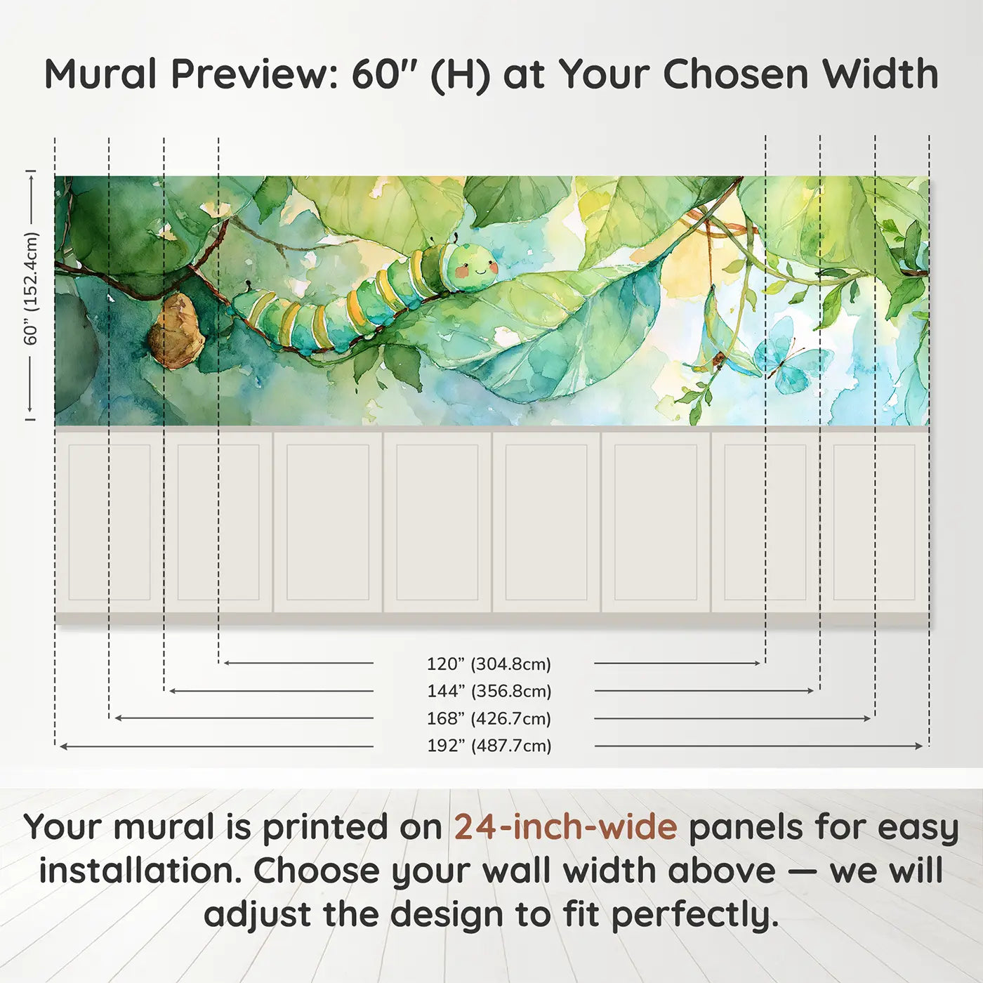 Panel dimensions for Caterpillar Leaf Journey Wainscoting Wallpaper by Whimsy Tots