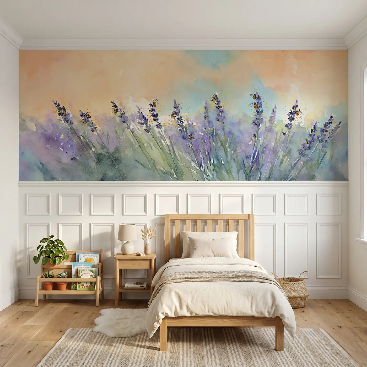 Watercolor honeybee lavender field wainscoting wallpaper for bedroom by Whimsy Tots
