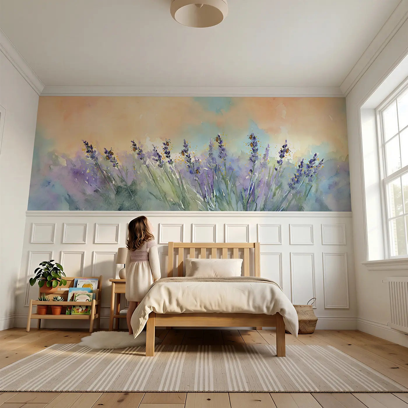 Child reading near Honeybee Lavender Field Wainscoting Wallpaper by Whimsy Tots
