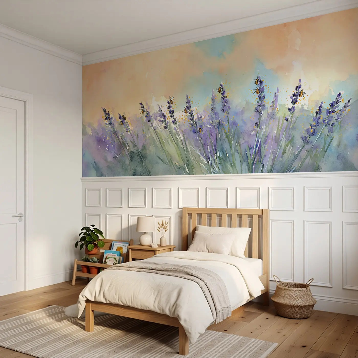 Honeybee Lavender Field Wainscoting Wallpaper styled in a kids bedroom by Whimsy Tots