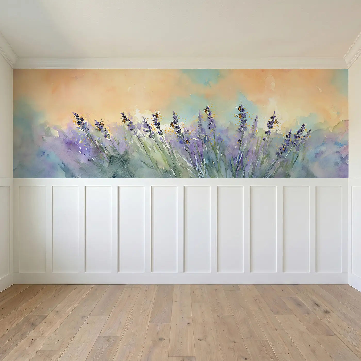 Full panel view of Honeybee Lavender Field Wainscoting Wallpaper by Whimsy Tots