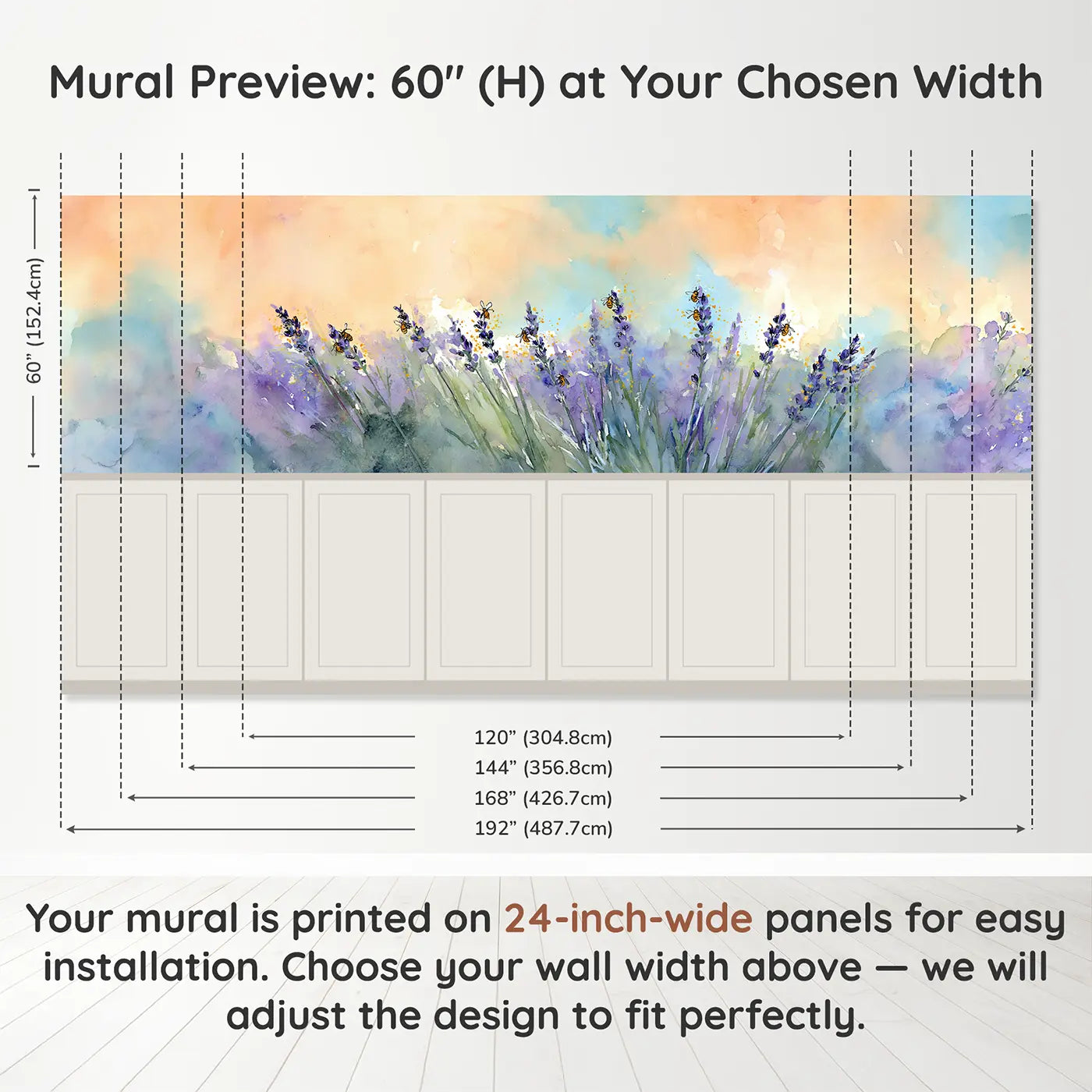 Panel dimensions for Honeybee Lavender Field Wainscoting Wallpaper by Whimsy Tots