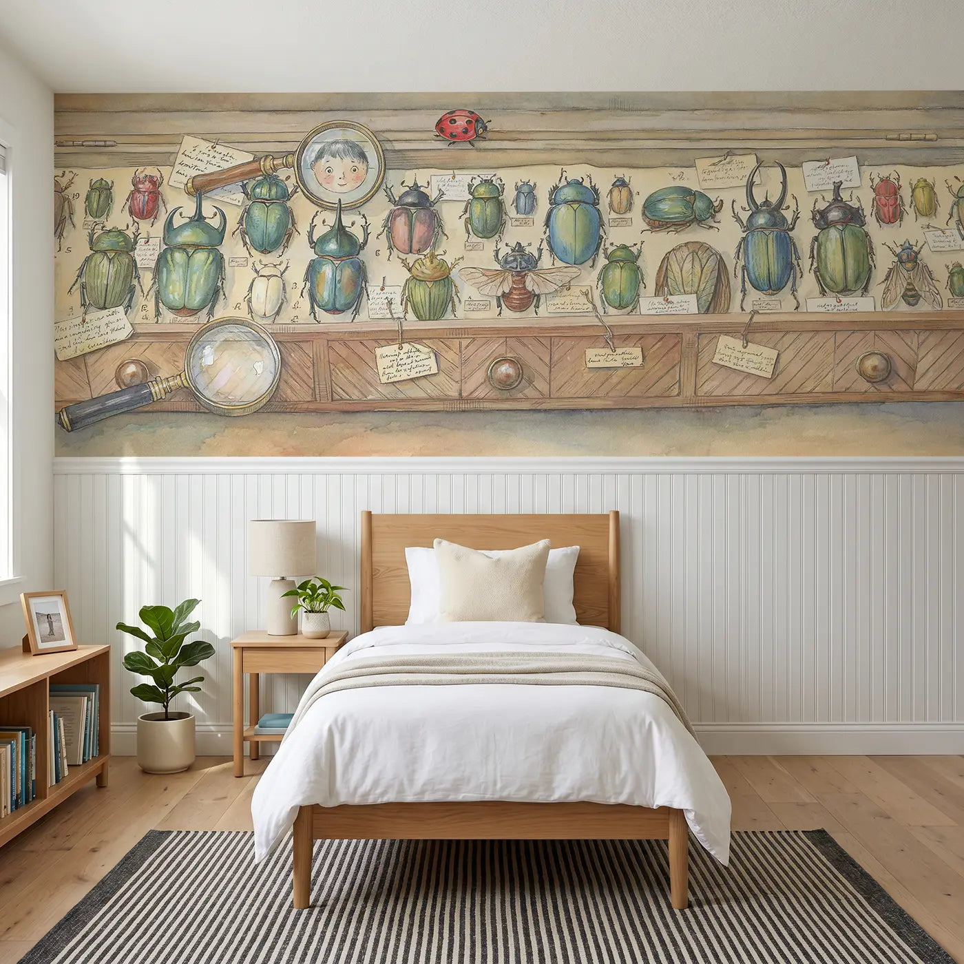 Storybook beetle collection cabinet wainscoting wallpaper for bedroom by Whimsy Tots