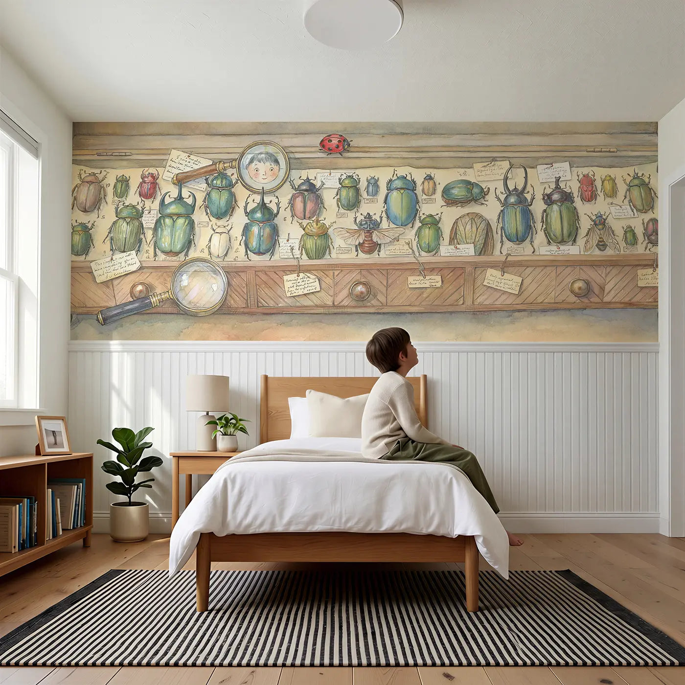 Child reading near Beetle Collection Cabinet Wainscoting Wallpaper by Whimsy Tots