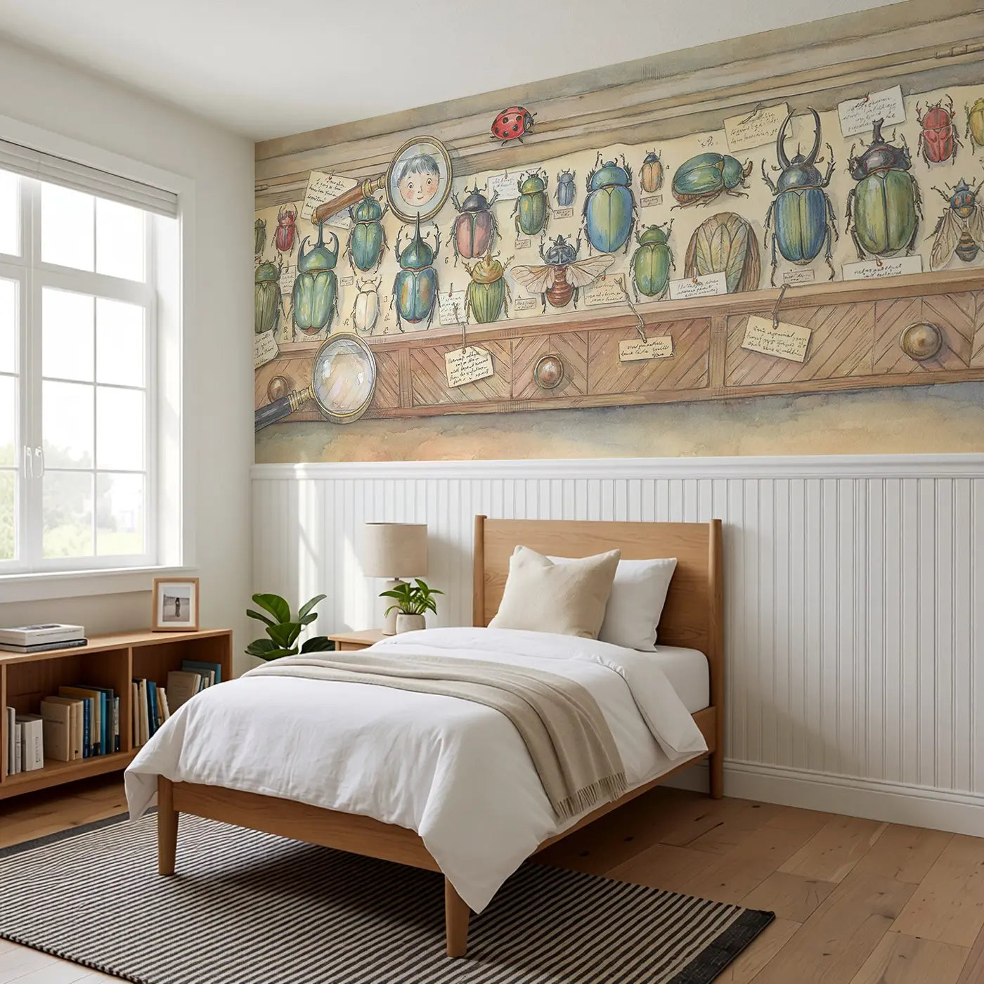 Beetle Collection Cabinet Wainscoting Wallpaper styled in a kids bedroom by Whimsy Tots