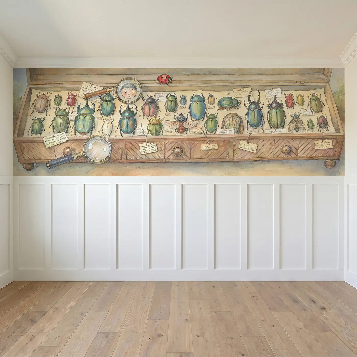 Full panel view of Beetle Collection Cabinet Wainscoting Wallpaper by Whimsy Tots