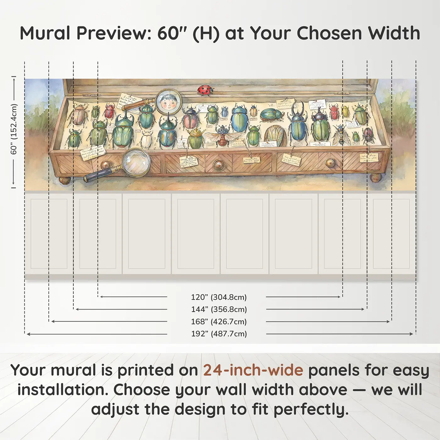 Panel dimensions for Beetle Collection Cabinet Wainscoting Wallpaper by Whimsy Tots