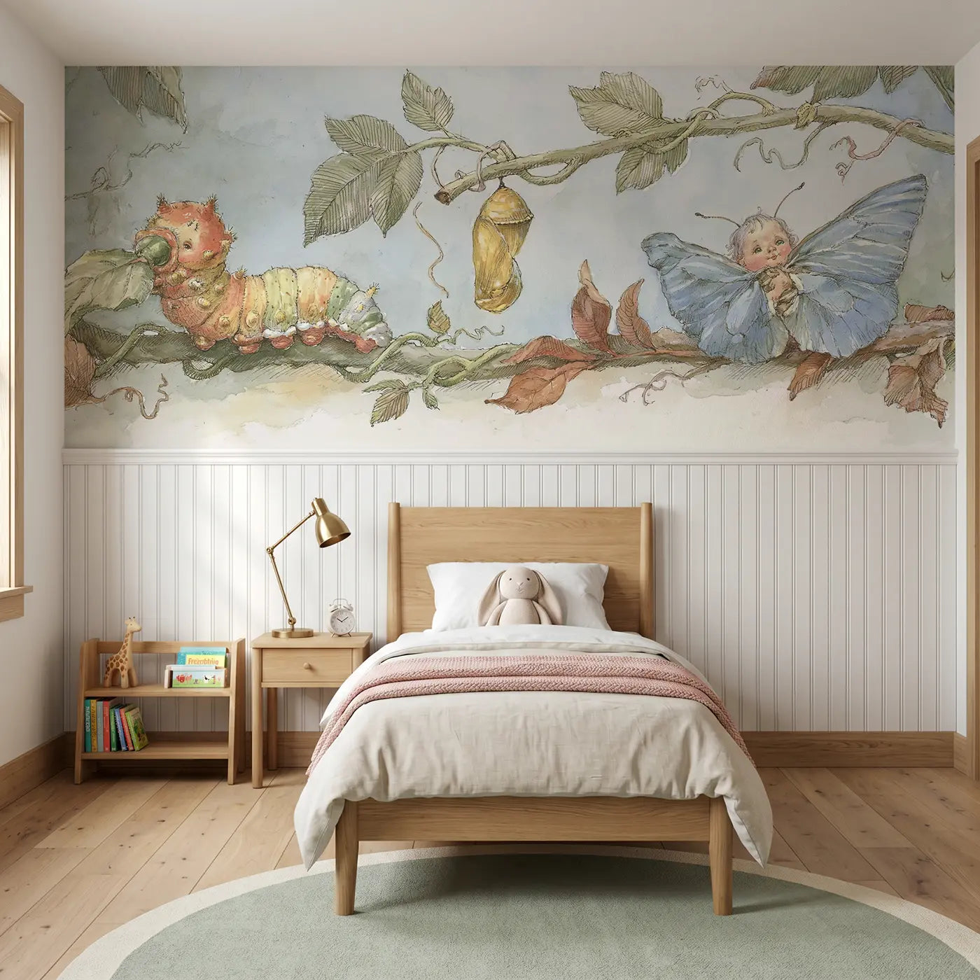 Storybook caterpillar chrysalis story wainscoting wallpaper for bedroom by Whimsy Tots