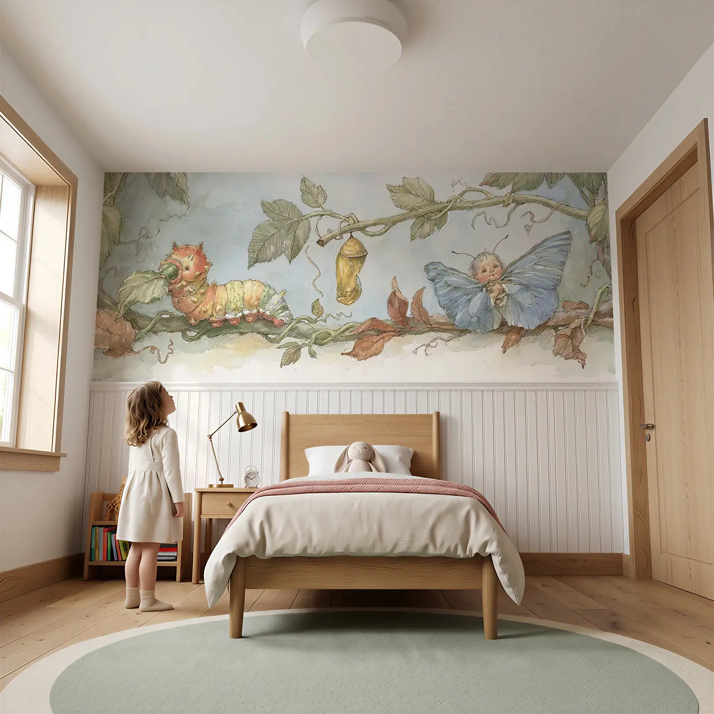 Child reading near Caterpillar Chrysalis Story Wainscoting Wallpaper by Whimsy Tots