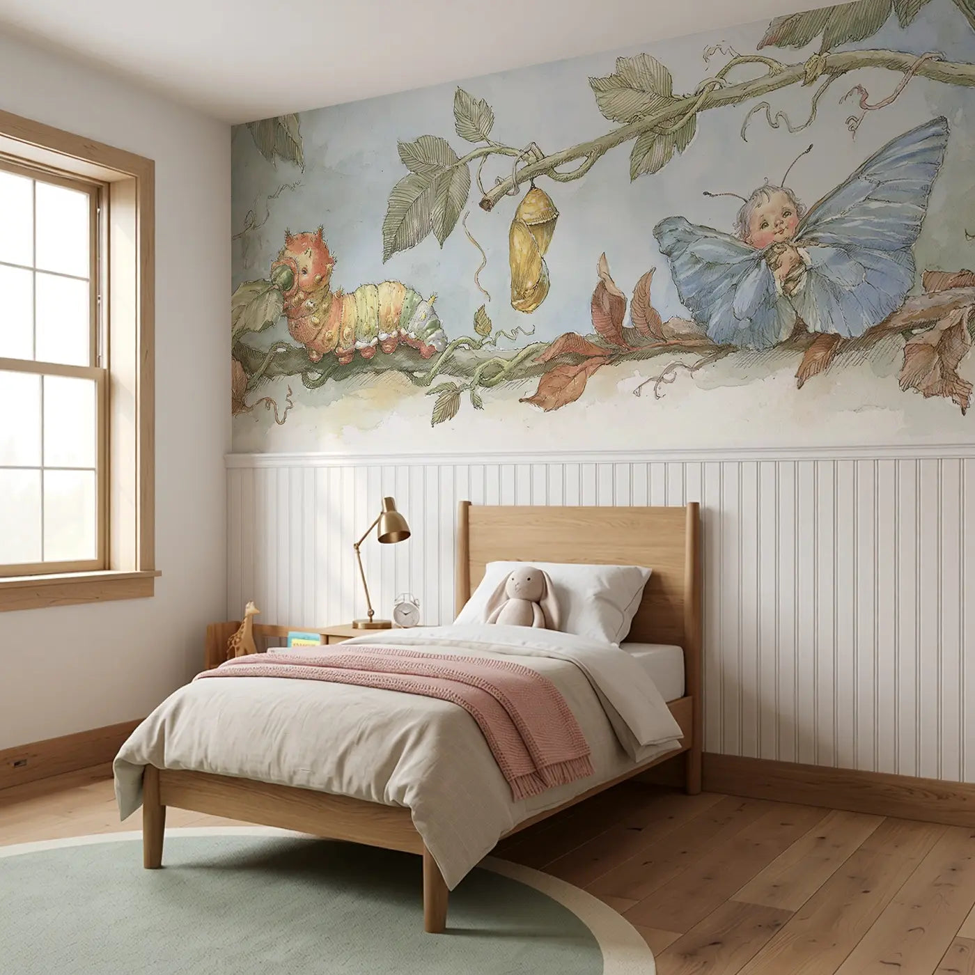 Caterpillar Chrysalis Story Wainscoting Wallpaper styled in a kids bedroom by Whimsy Tots