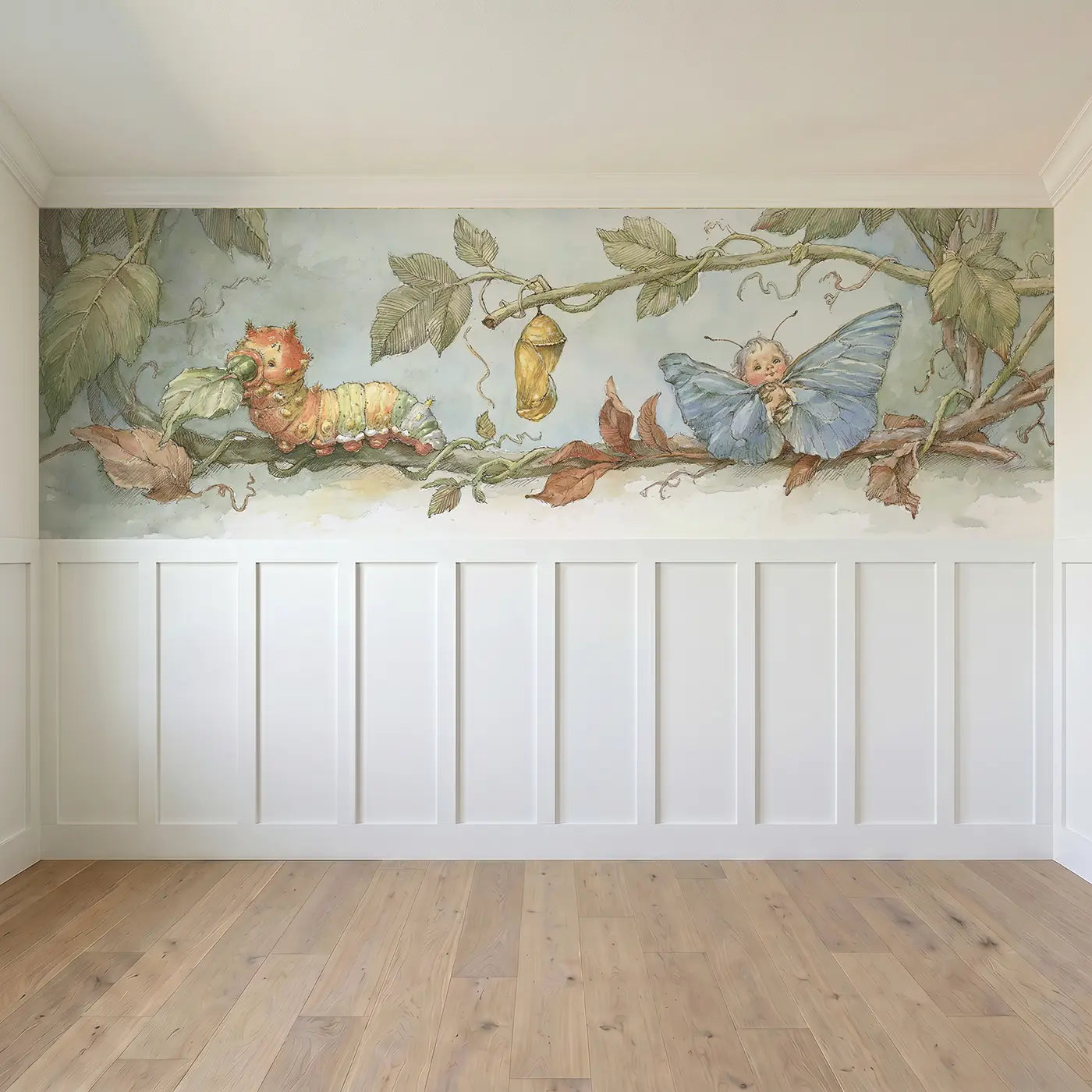 Full panel view of Caterpillar Chrysalis Story Wainscoting Wallpaper by Whimsy Tots