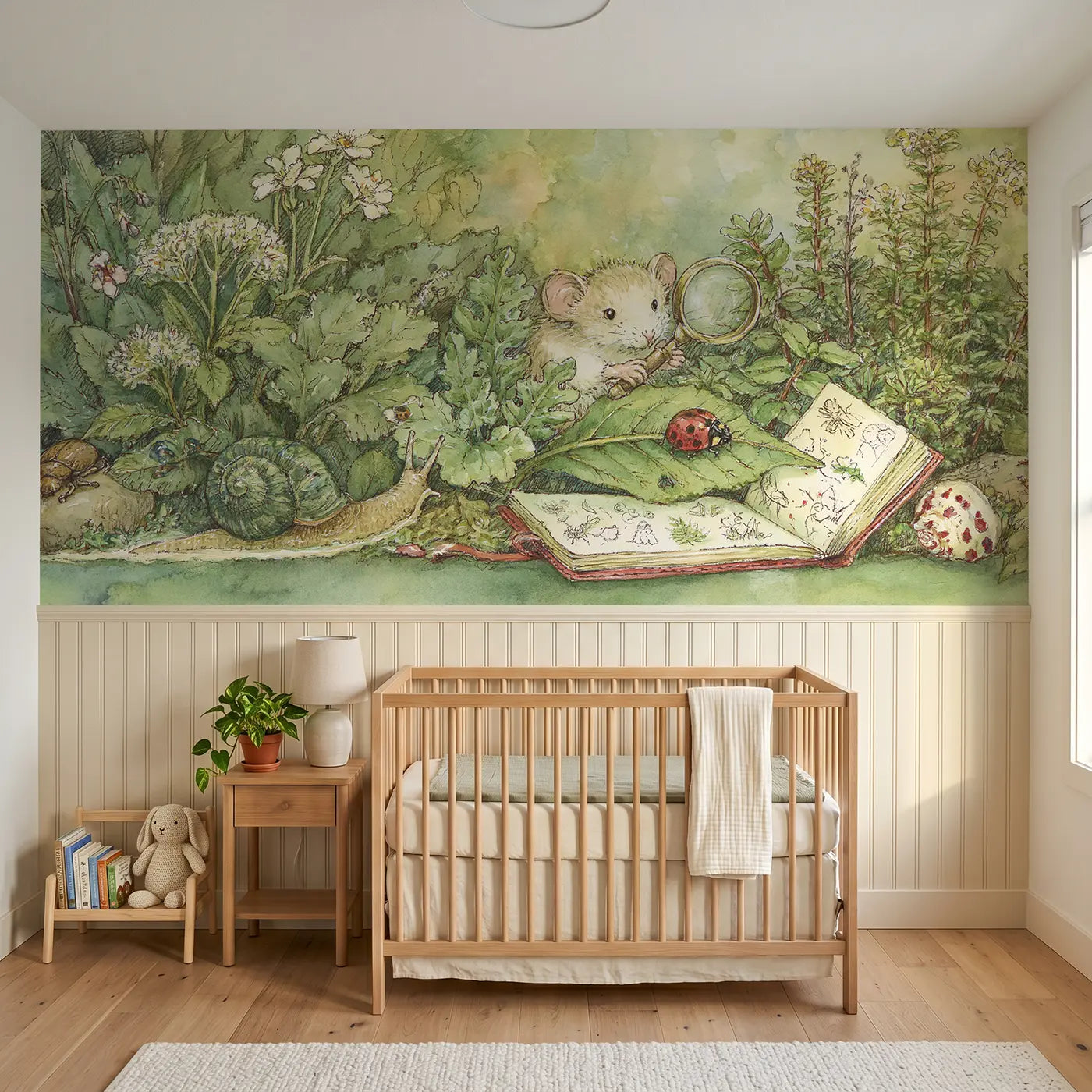Storybook mouse garden bug hunt wainscoting wallpaper for nursery by Whimsy Tots